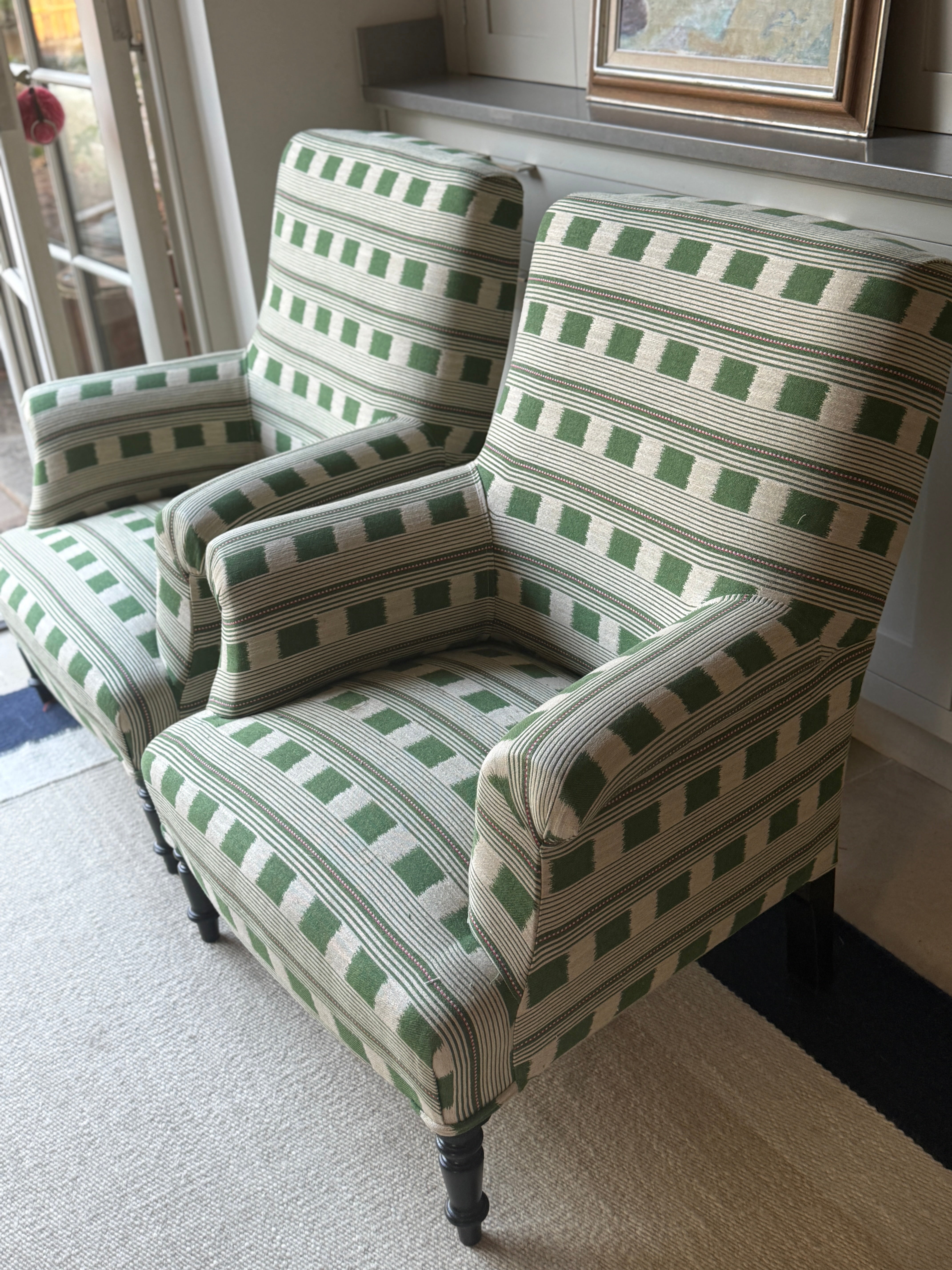 Pair of French Squareback Armchairs in Christopher Farr - Lost and Found
