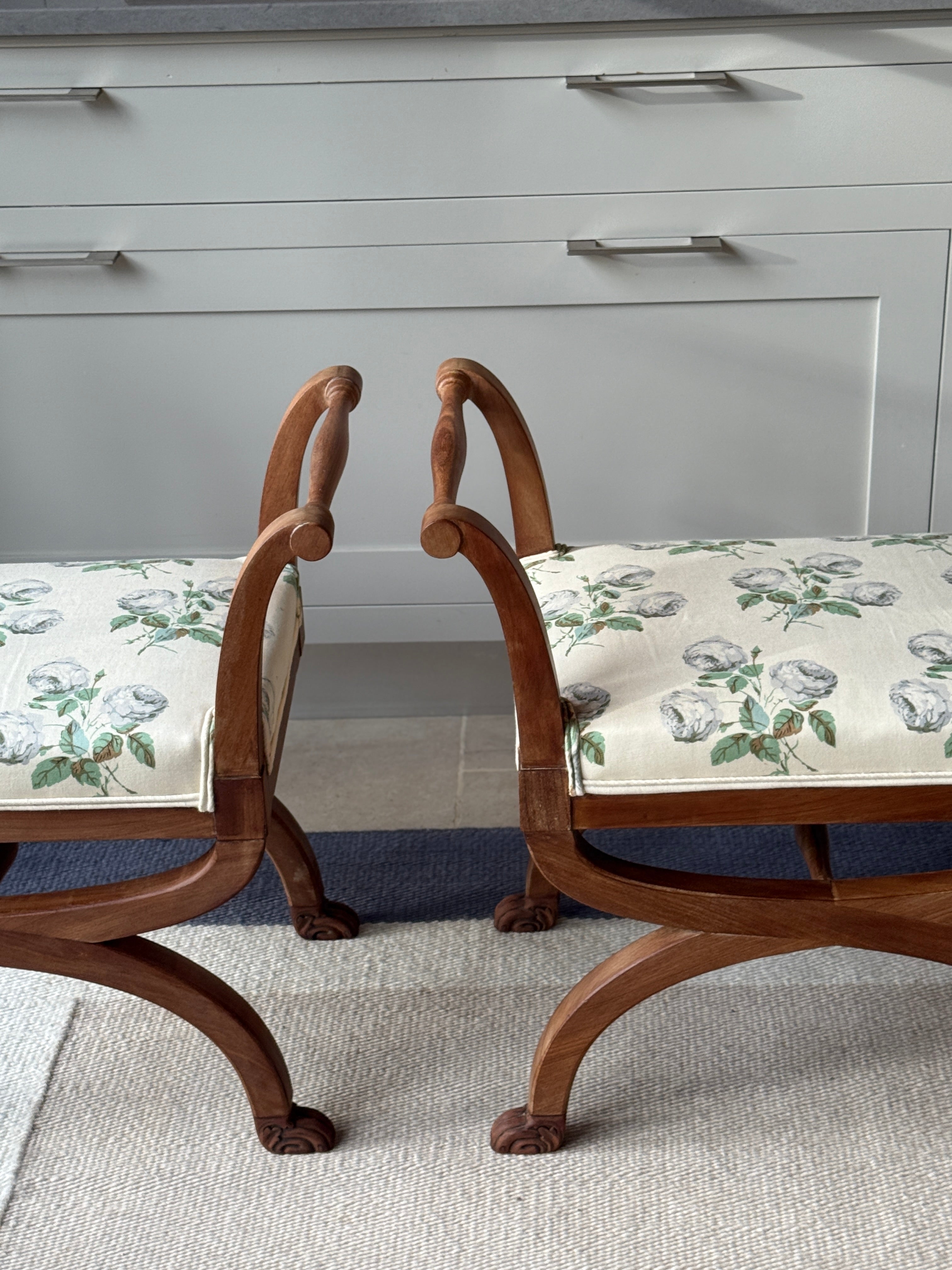 Pair of Bleached Mahogany X Frame Stools Upholstered in Colefax and Fowler Bowood