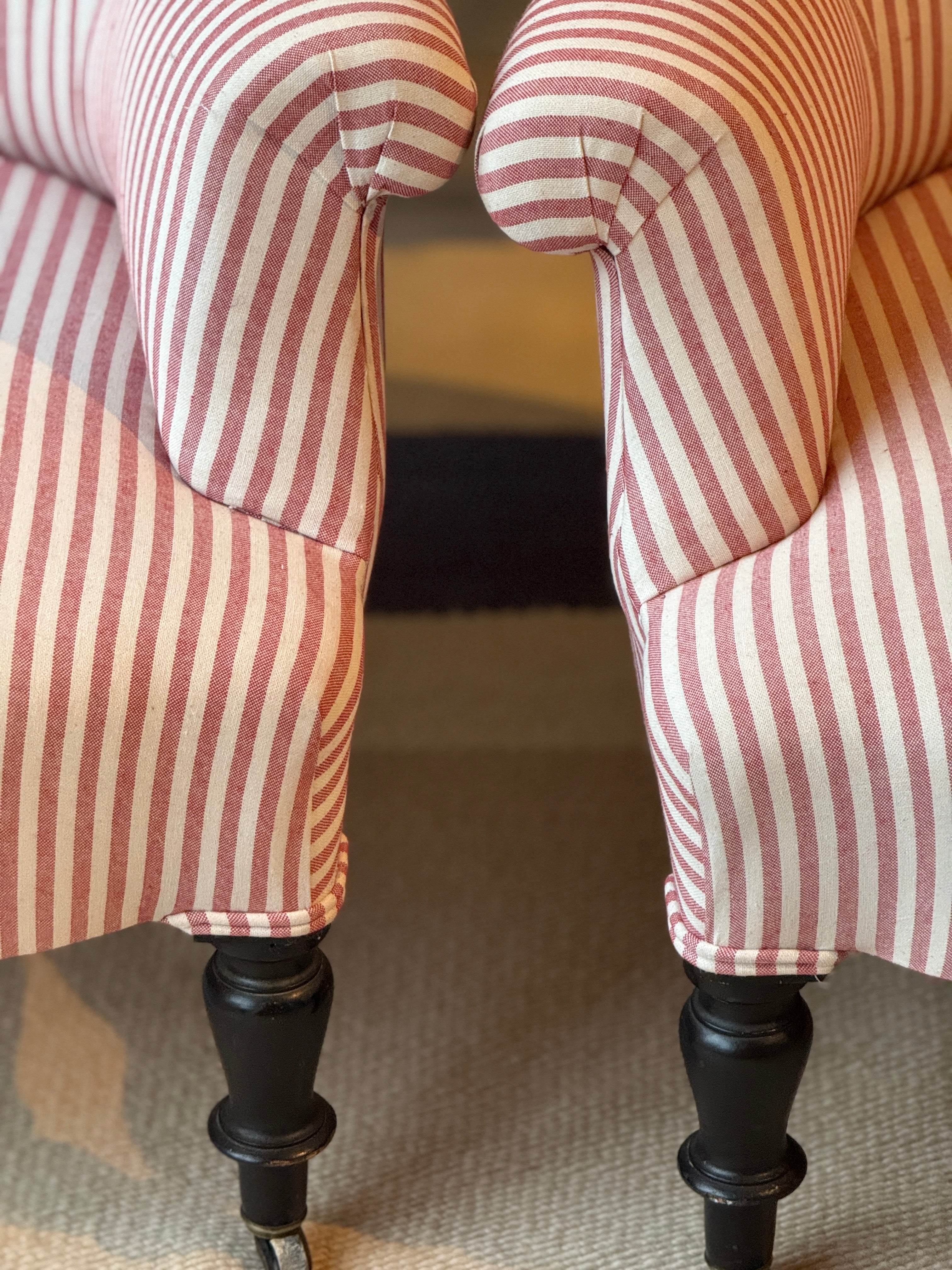 Pair Napoleon III Crapaud Chairs in Red and White Ticking