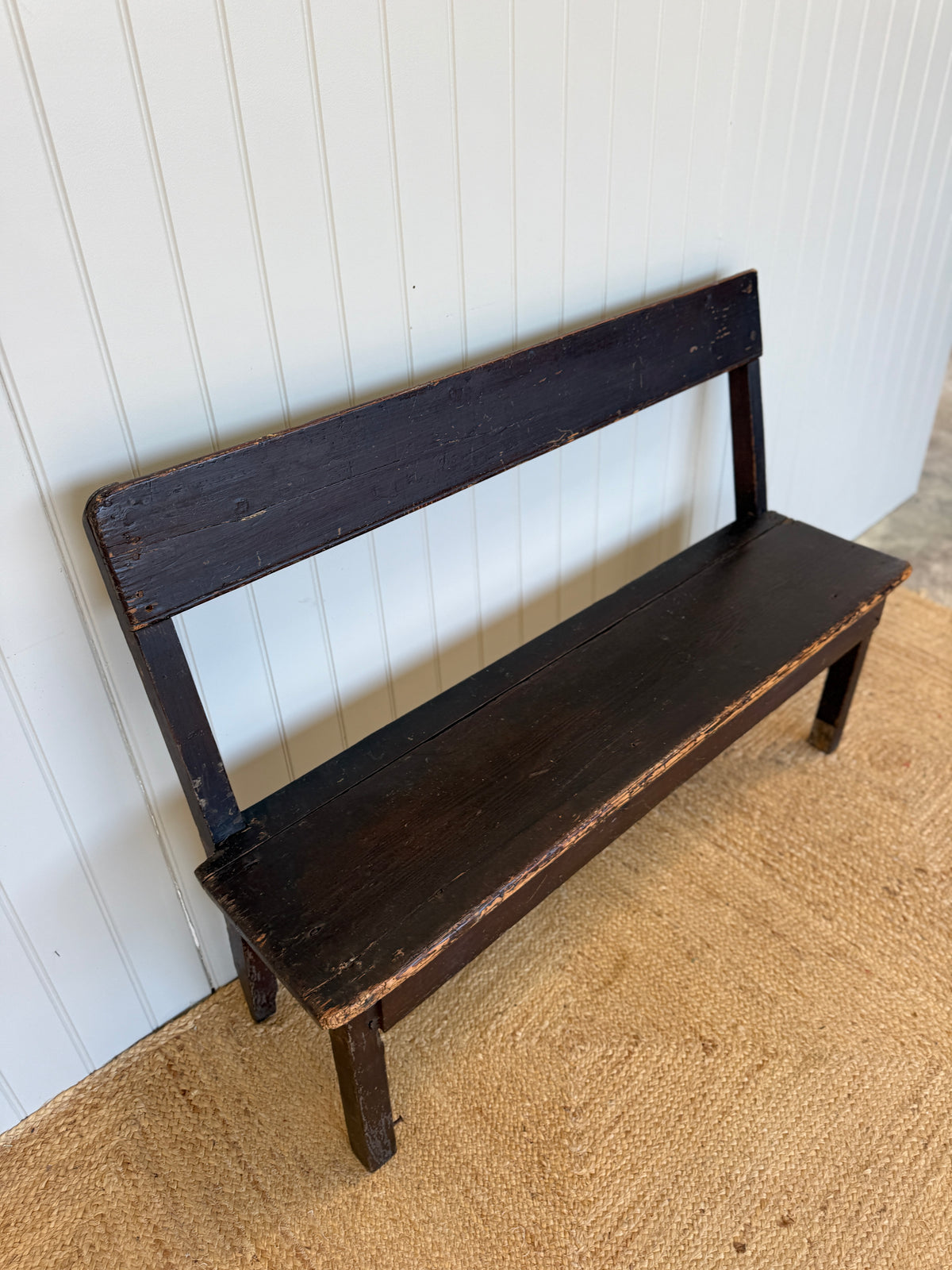 Rustic 19th Century Painted Pine Bench with Slatted Back