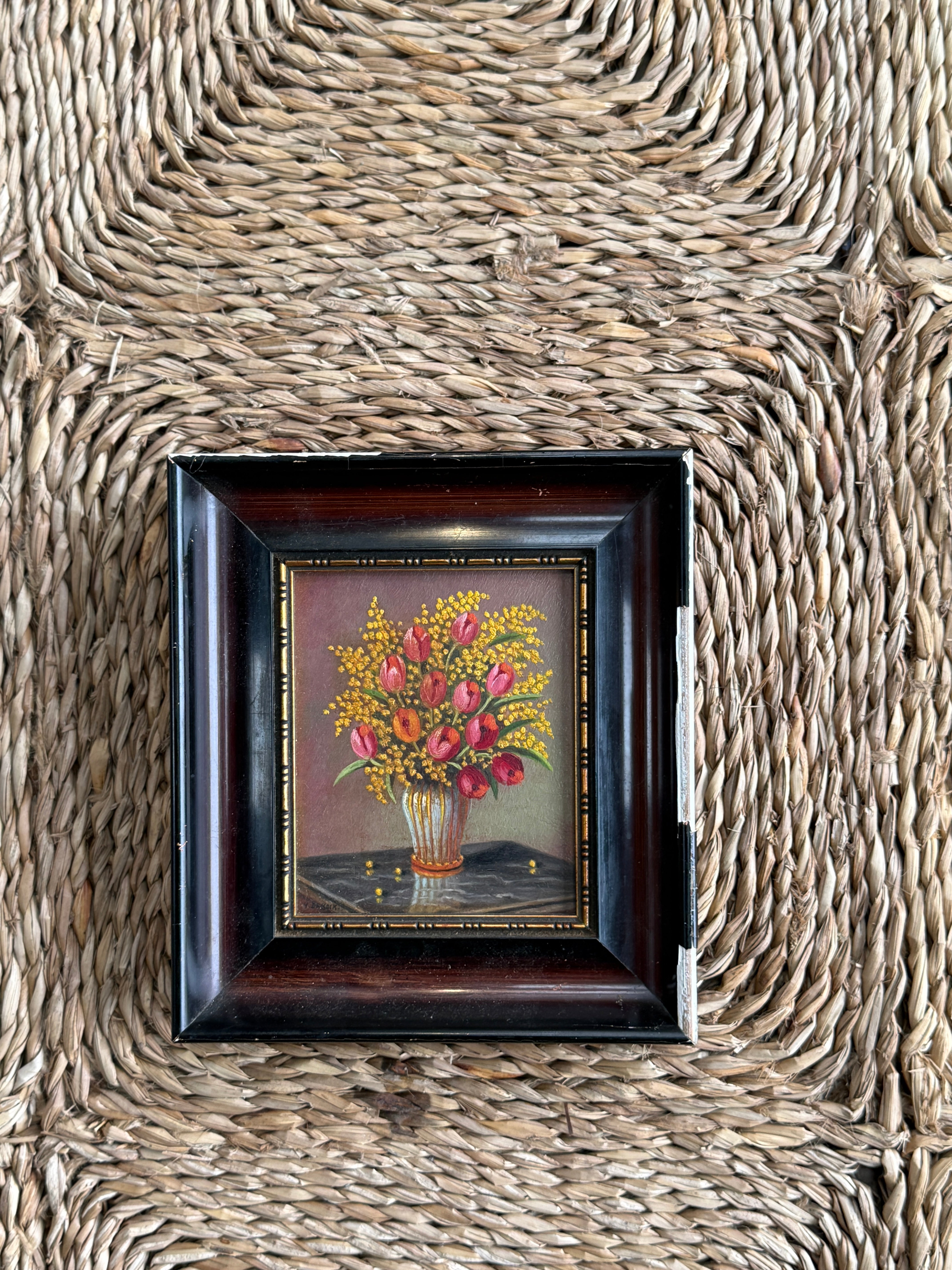 Set of 3 Small Floral Oil Pastel Paintings