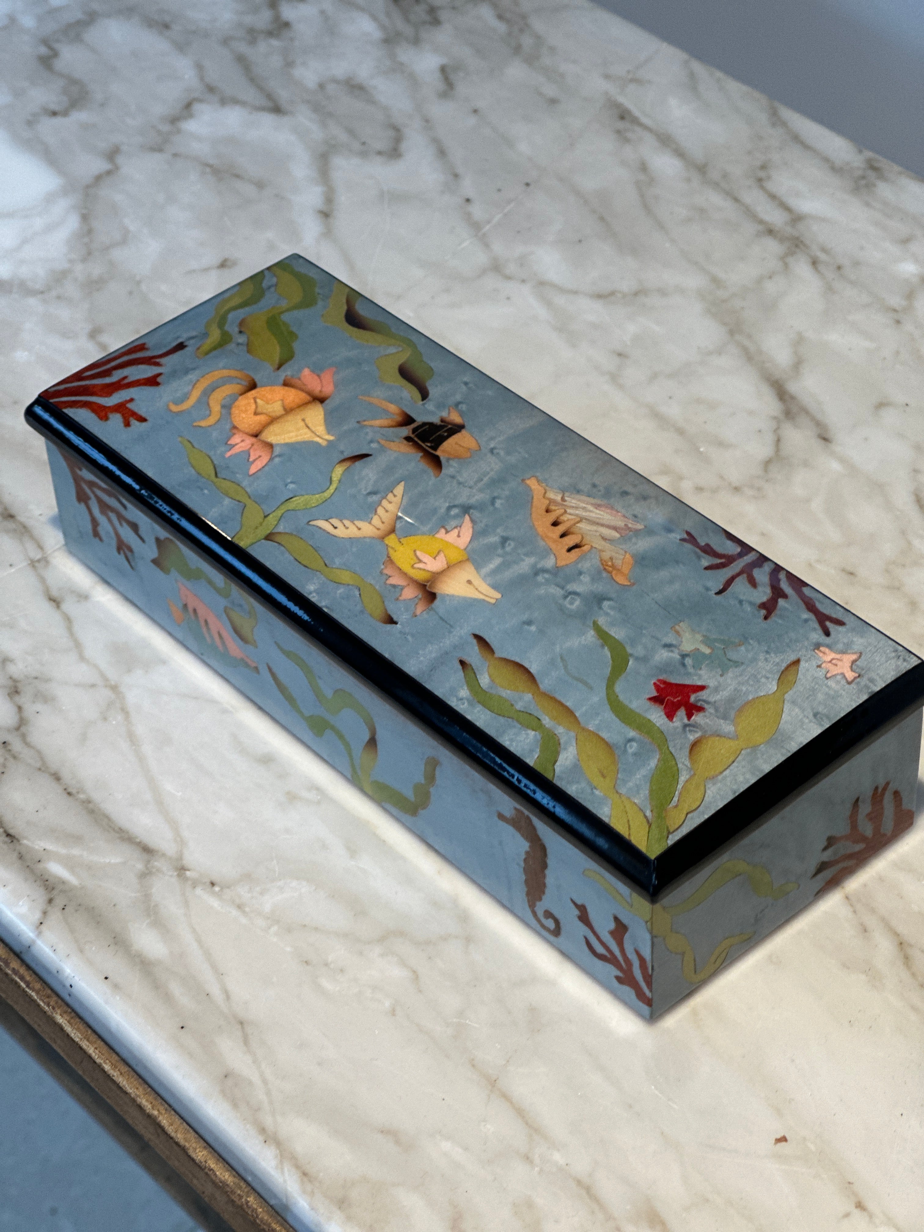 Long Rectangular Marquetry Boxes with Velvet Interiors