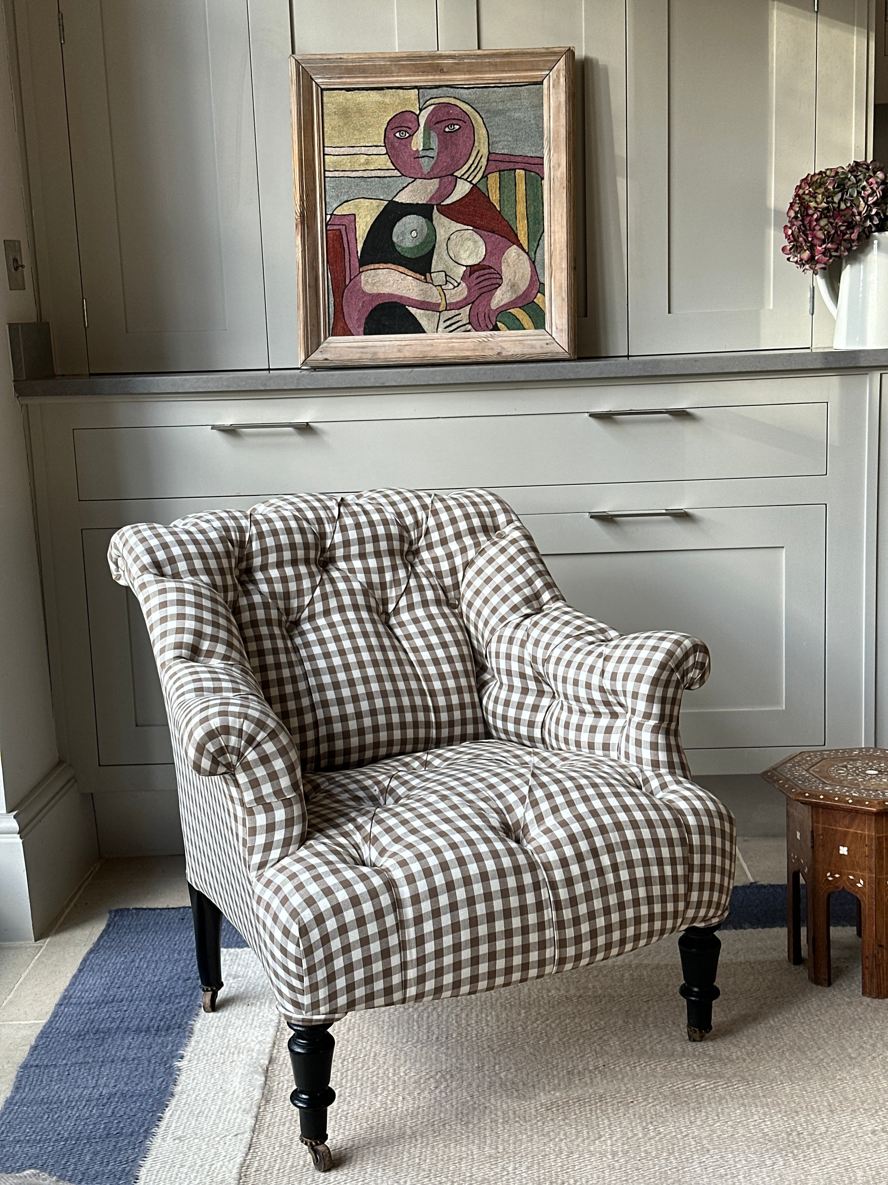 Small French Button Back Chair in Brown Gingham