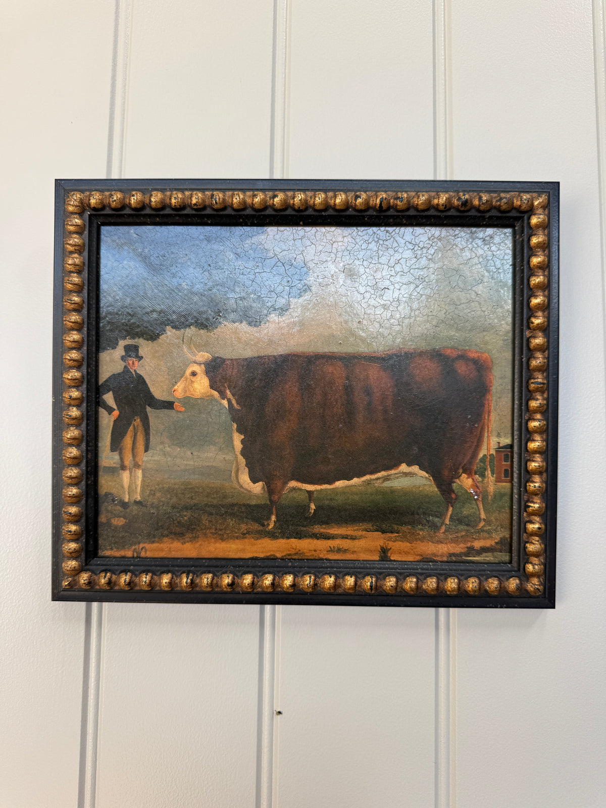 Framed Oil on Board Painting of Prize Bull and Owner
