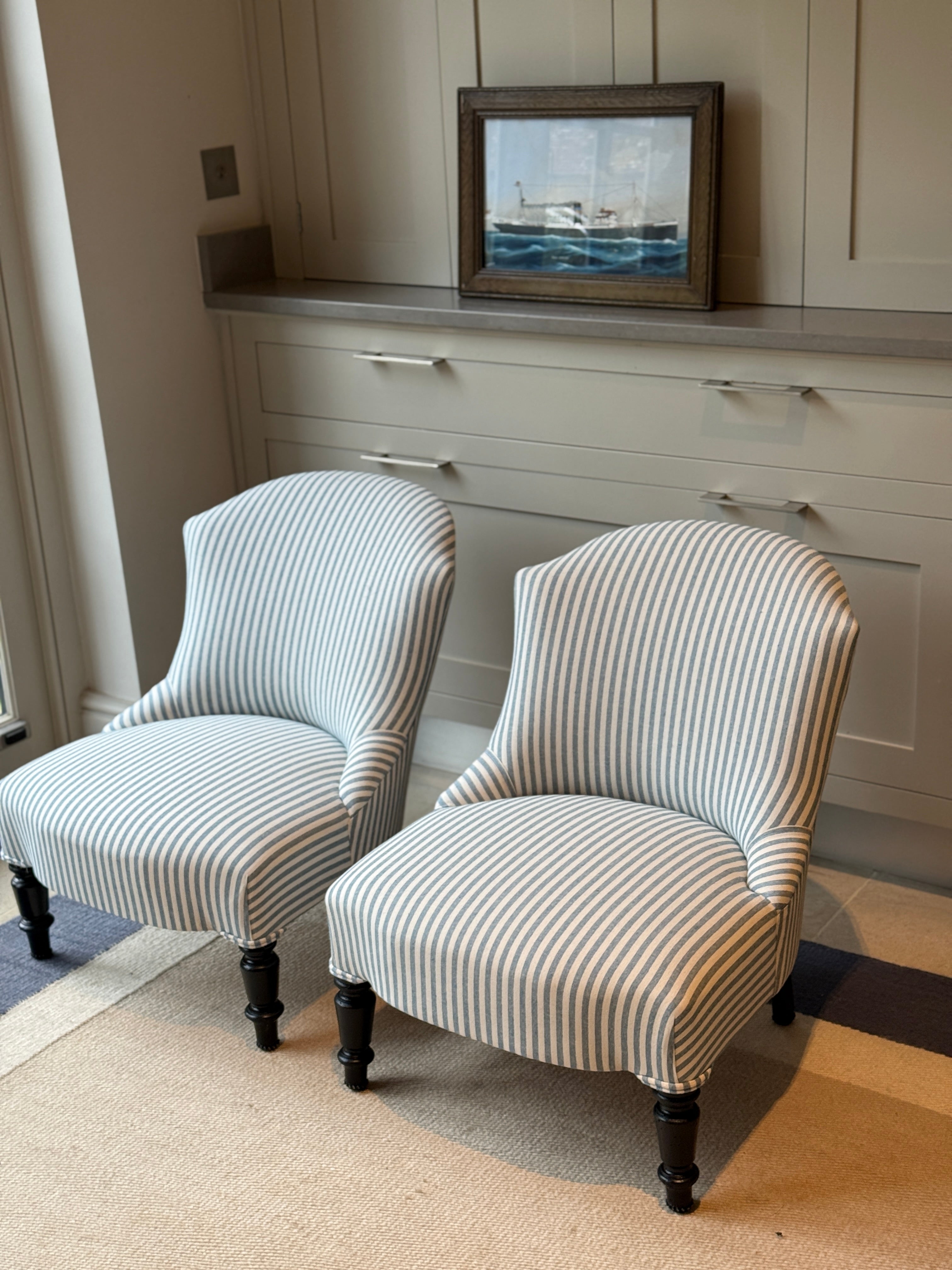 Pair of French 19th Century Slipper Chairs in blue ticket
