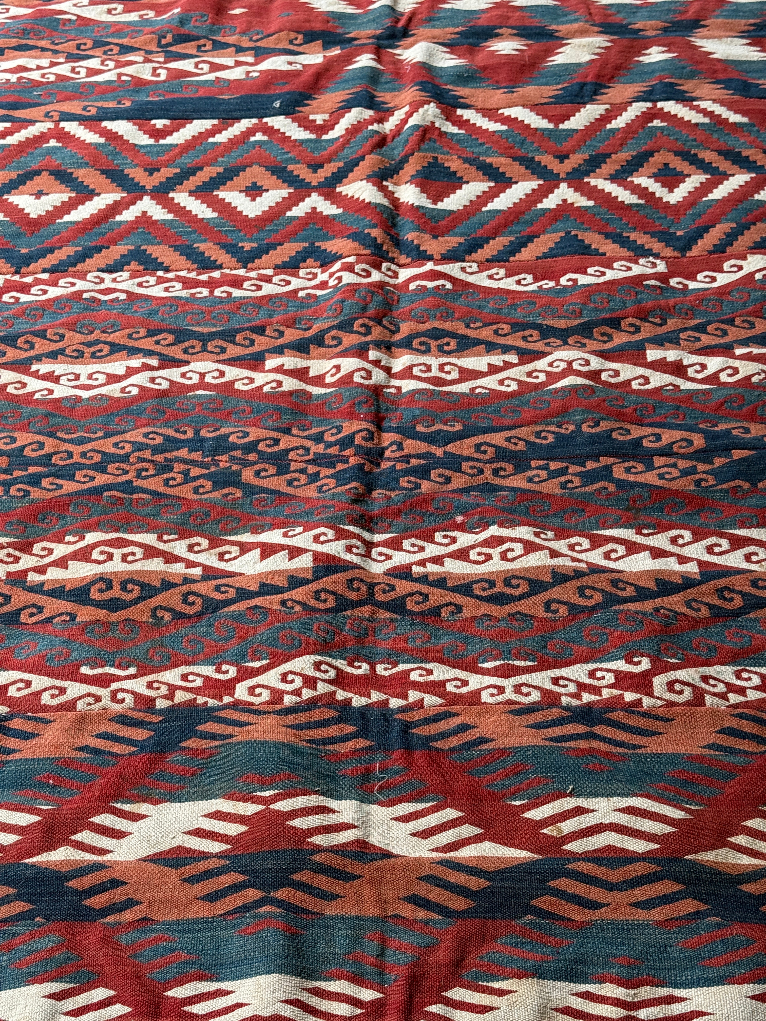 Large Polychrome Uzbek Flatweave Rug with geometric patterns