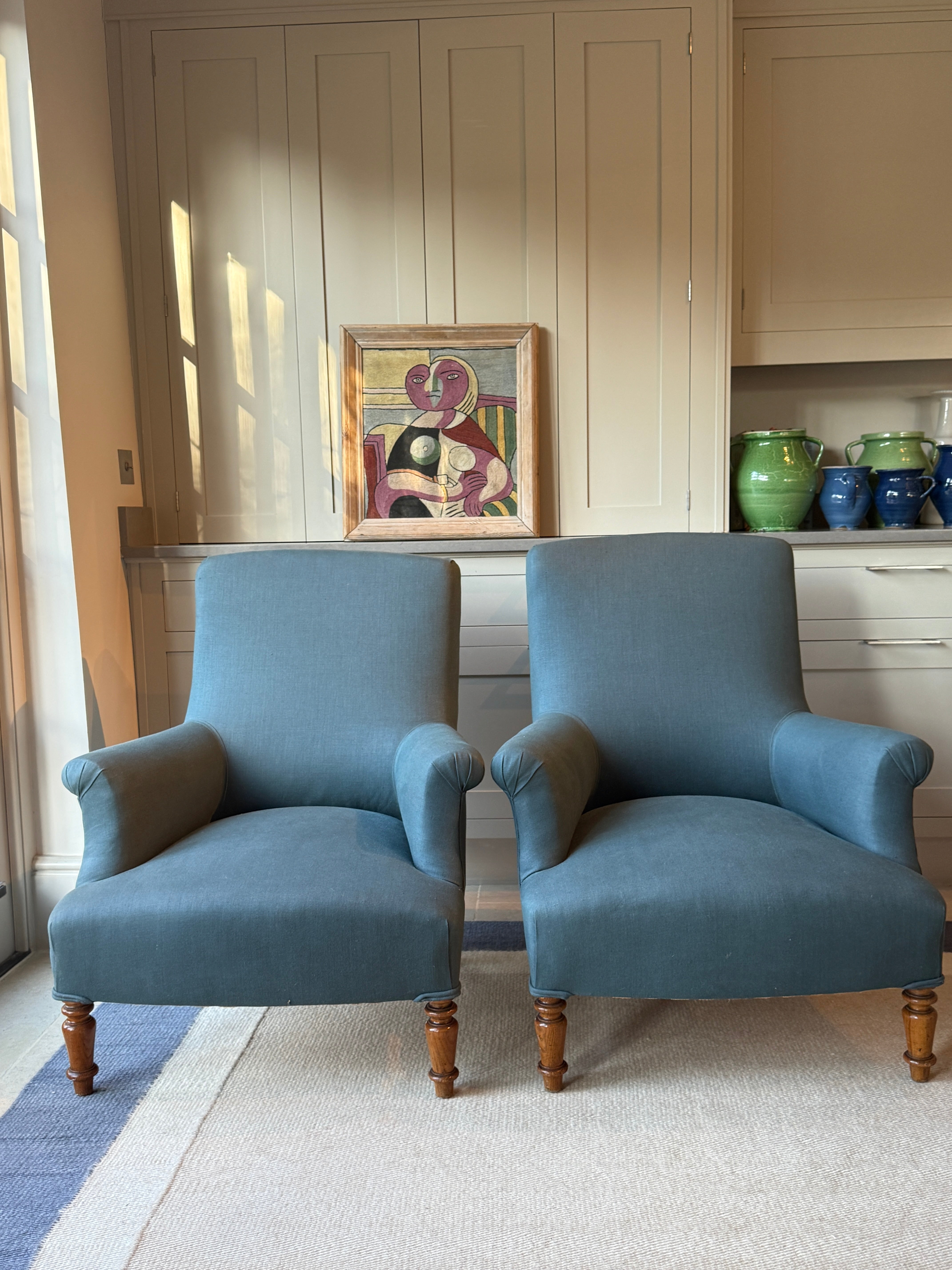 Pair of Armchairs in an RAF blue linen