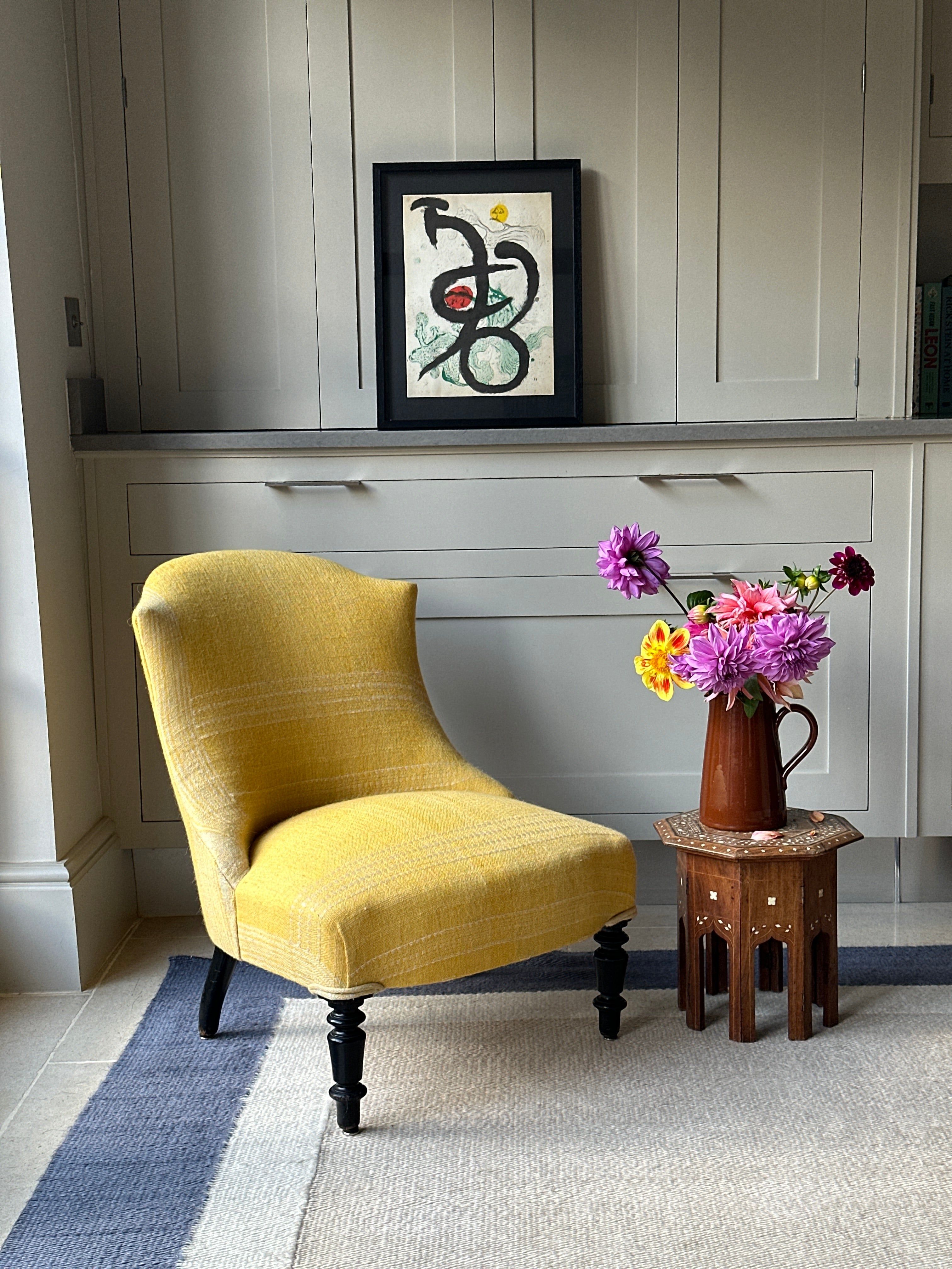 French Slipper Chair in vintage yellow Indian Camel Wool textile