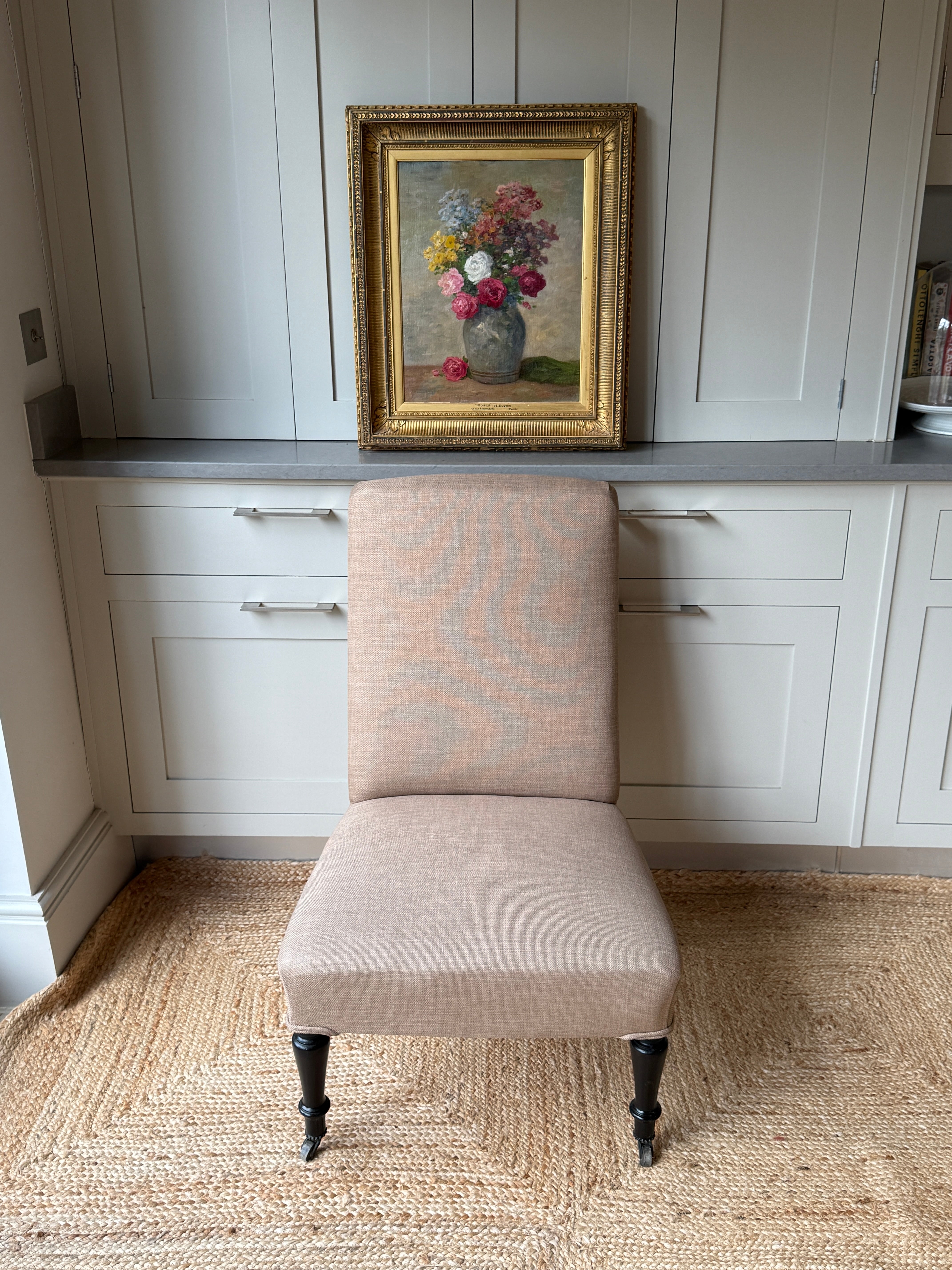 Late 19th Century Slipper Chair in heavy beige linen.