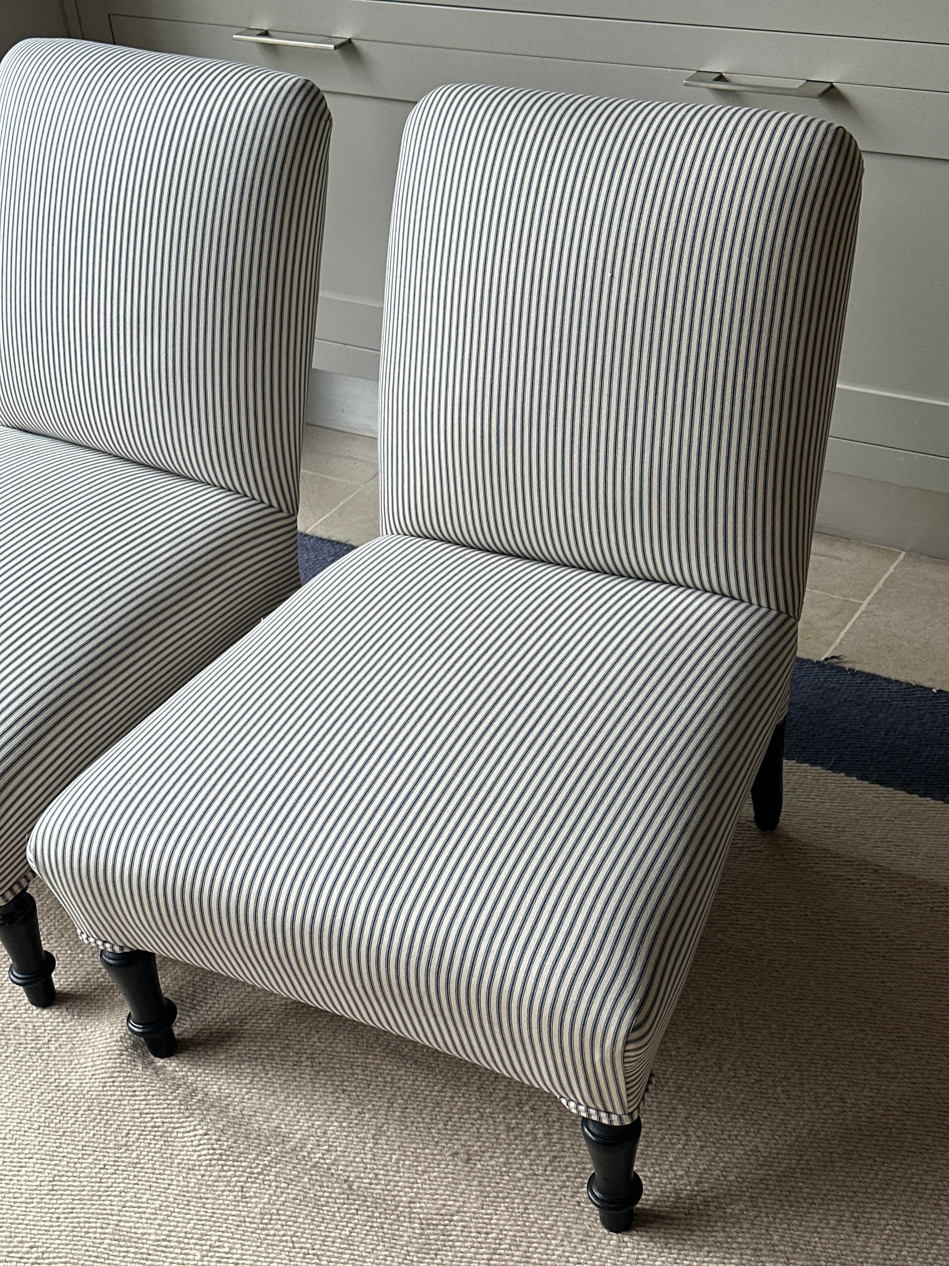 Pair of French 19th Century Slipper chairs in modern blue ticking