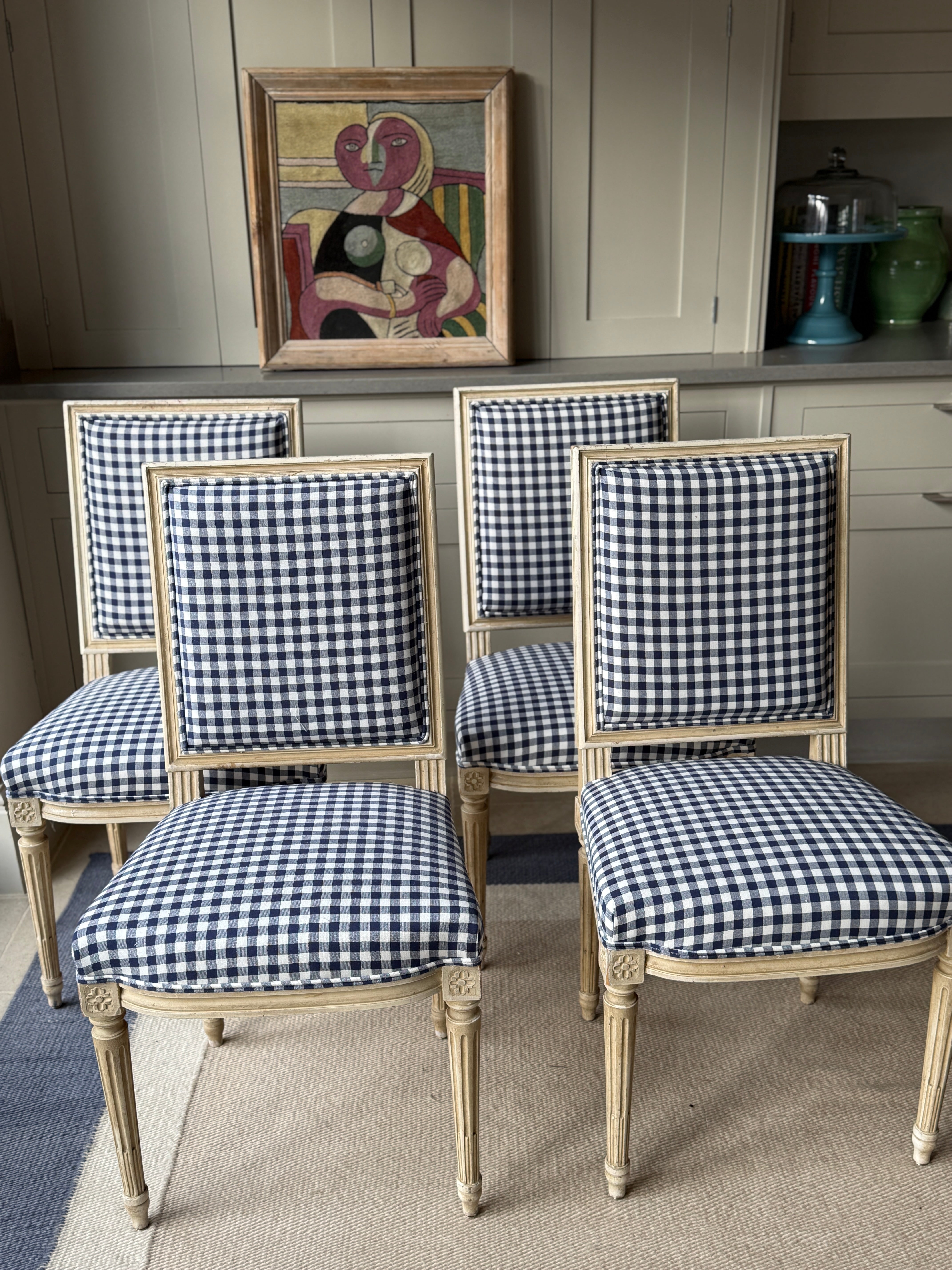 Set of 4 French Dining Chairs in Blue and White Gingham