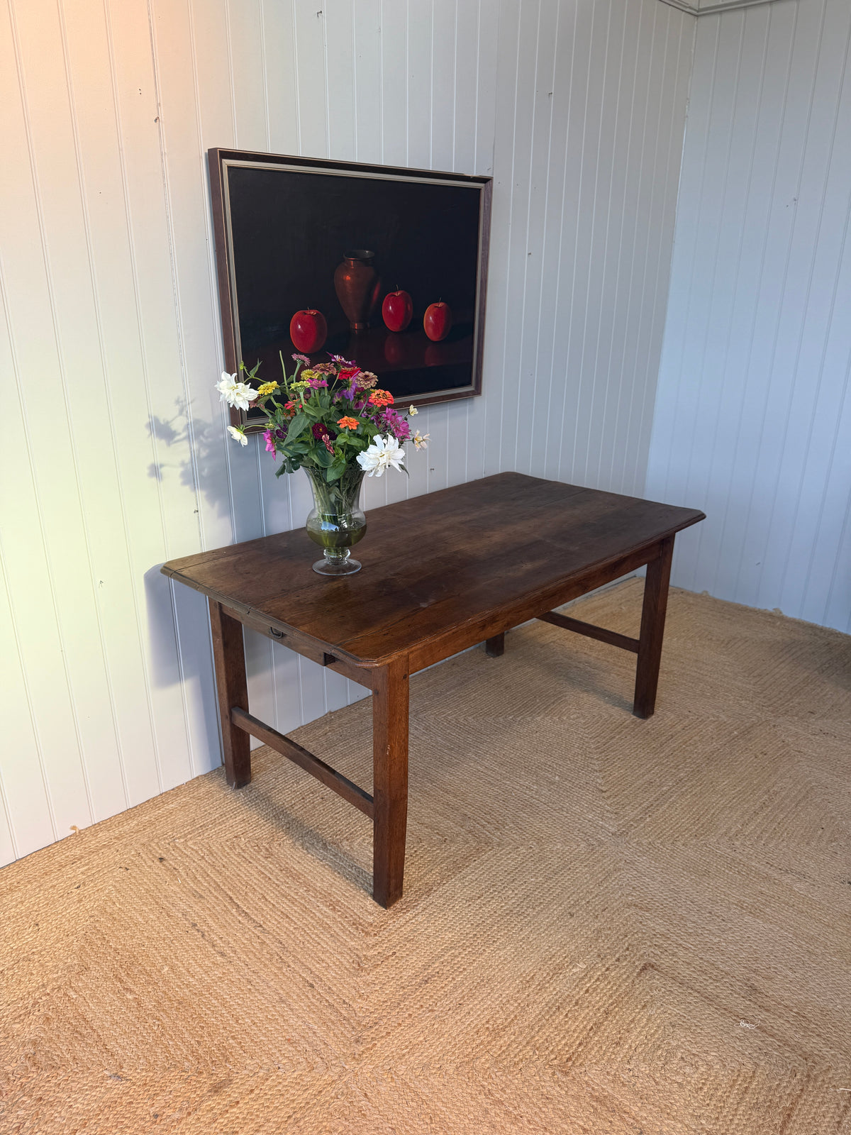 Small French Oak Farmhouse Dining Table with Small Drawer