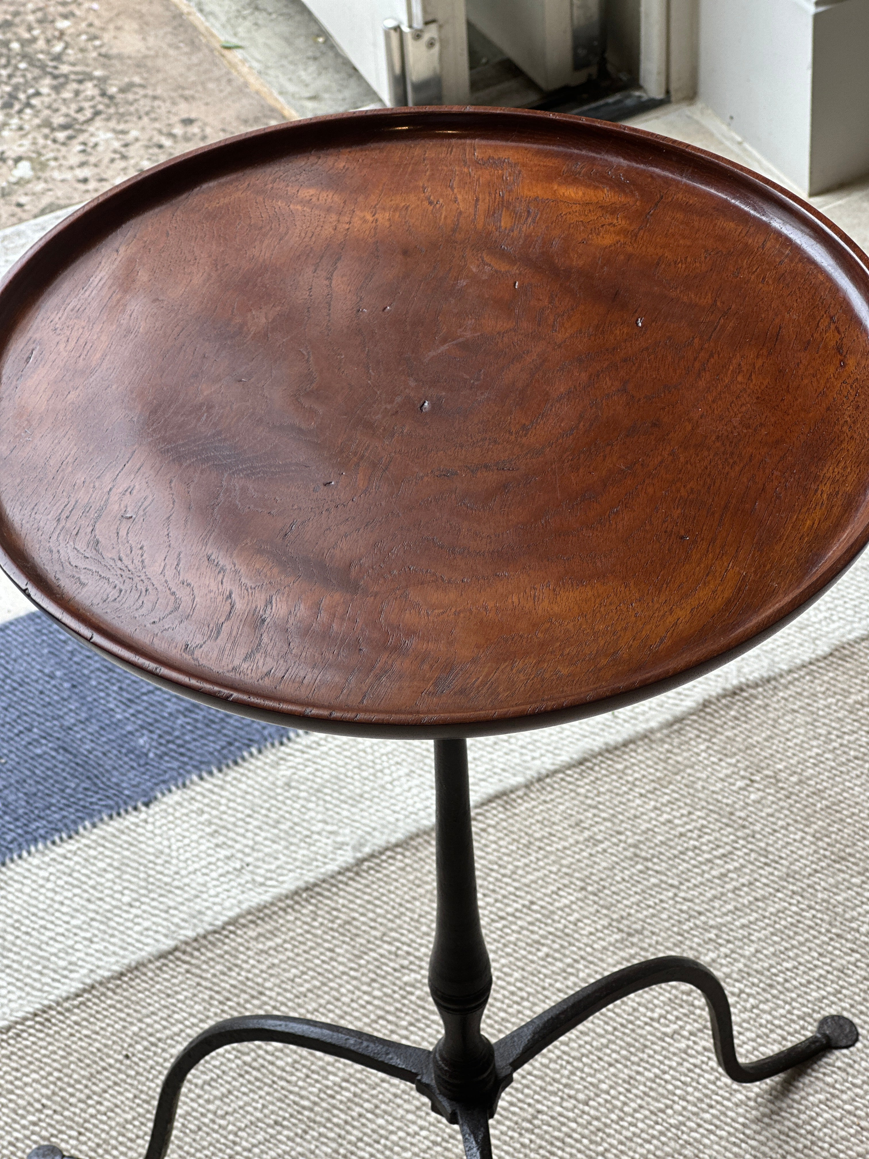 C18th English Wrought Iron Wine Table with Superb fruitwood top