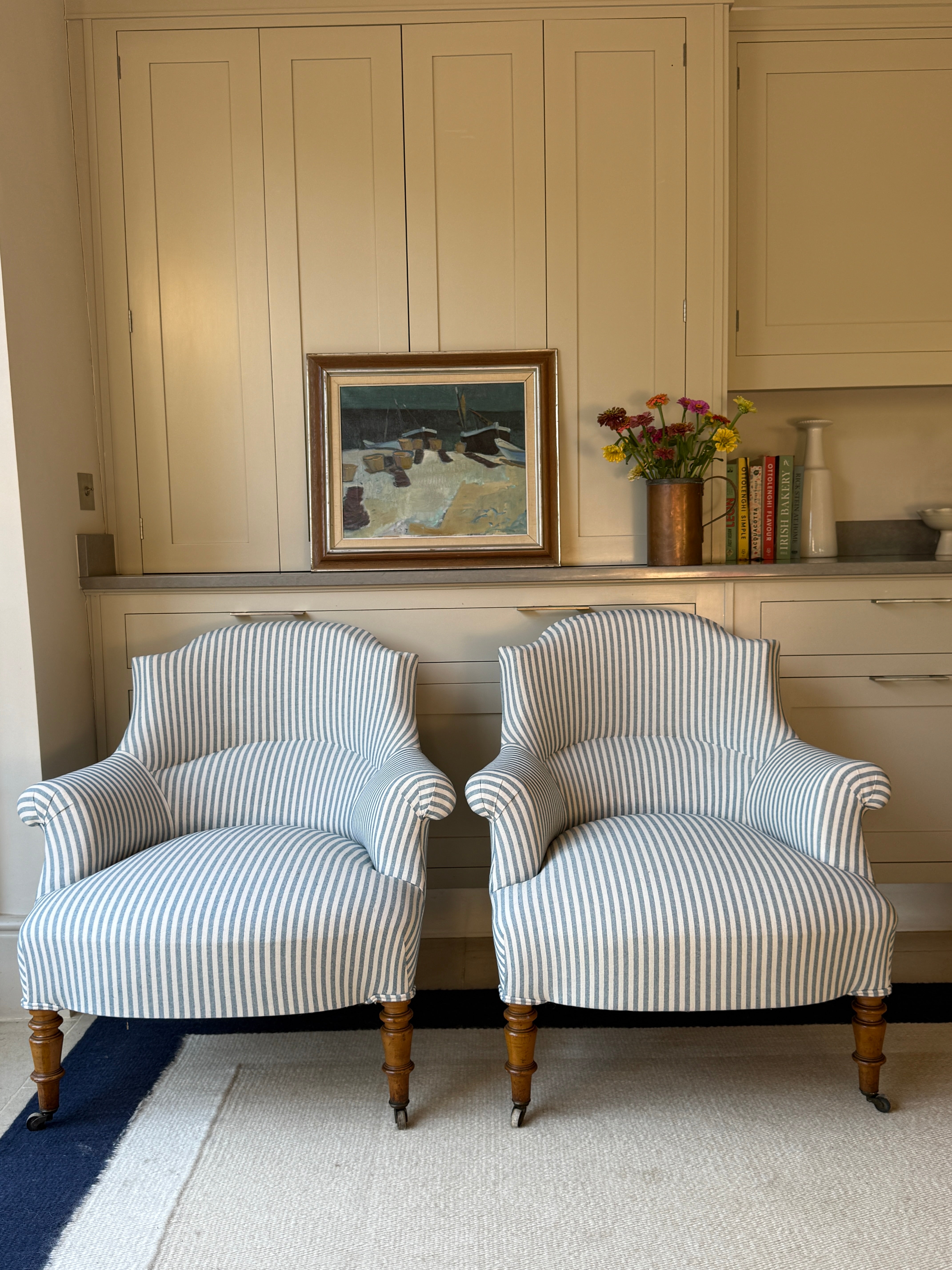 Pair of French Tub Chairs in Blue Ticking