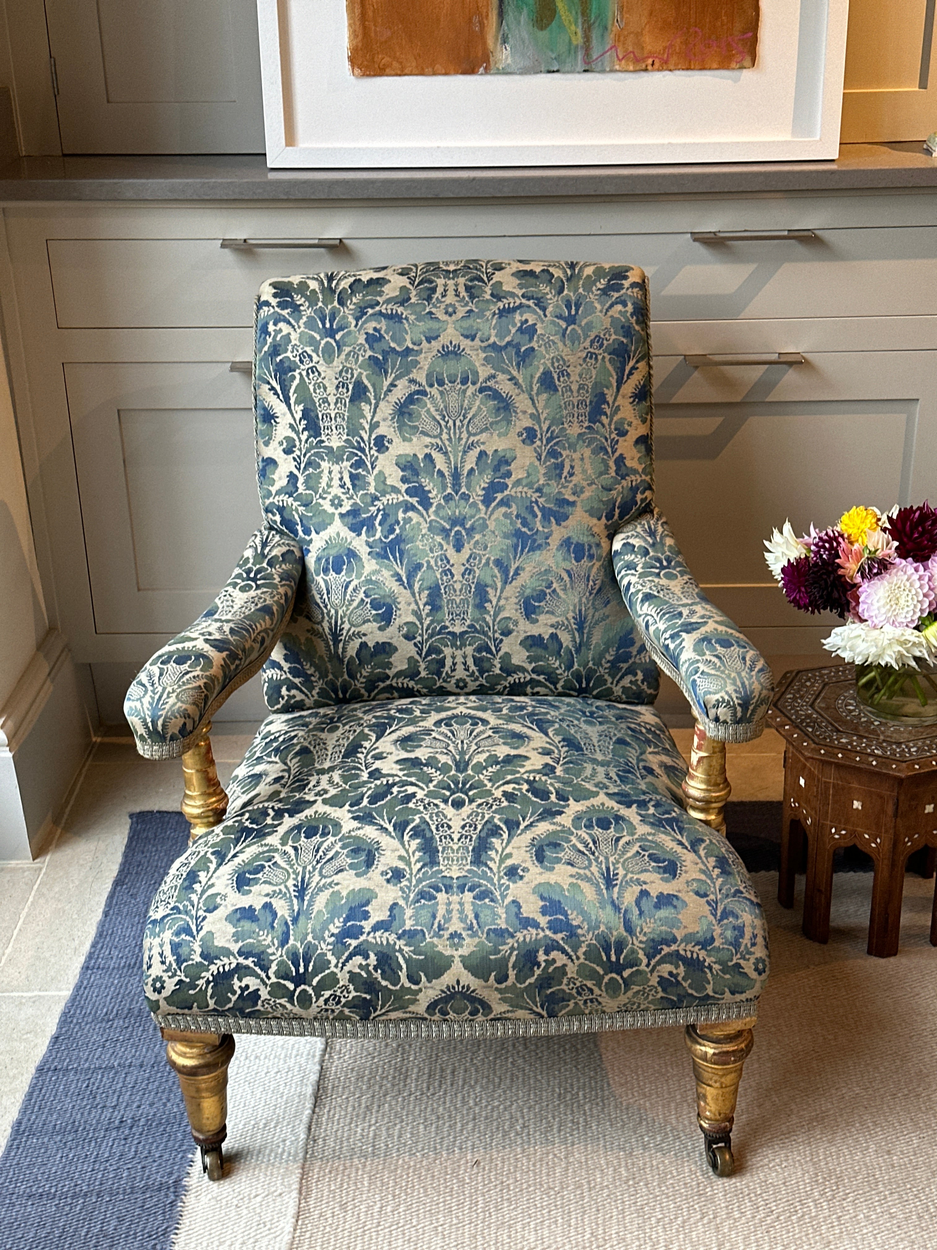 Country House Open Armchair in original blue damask.