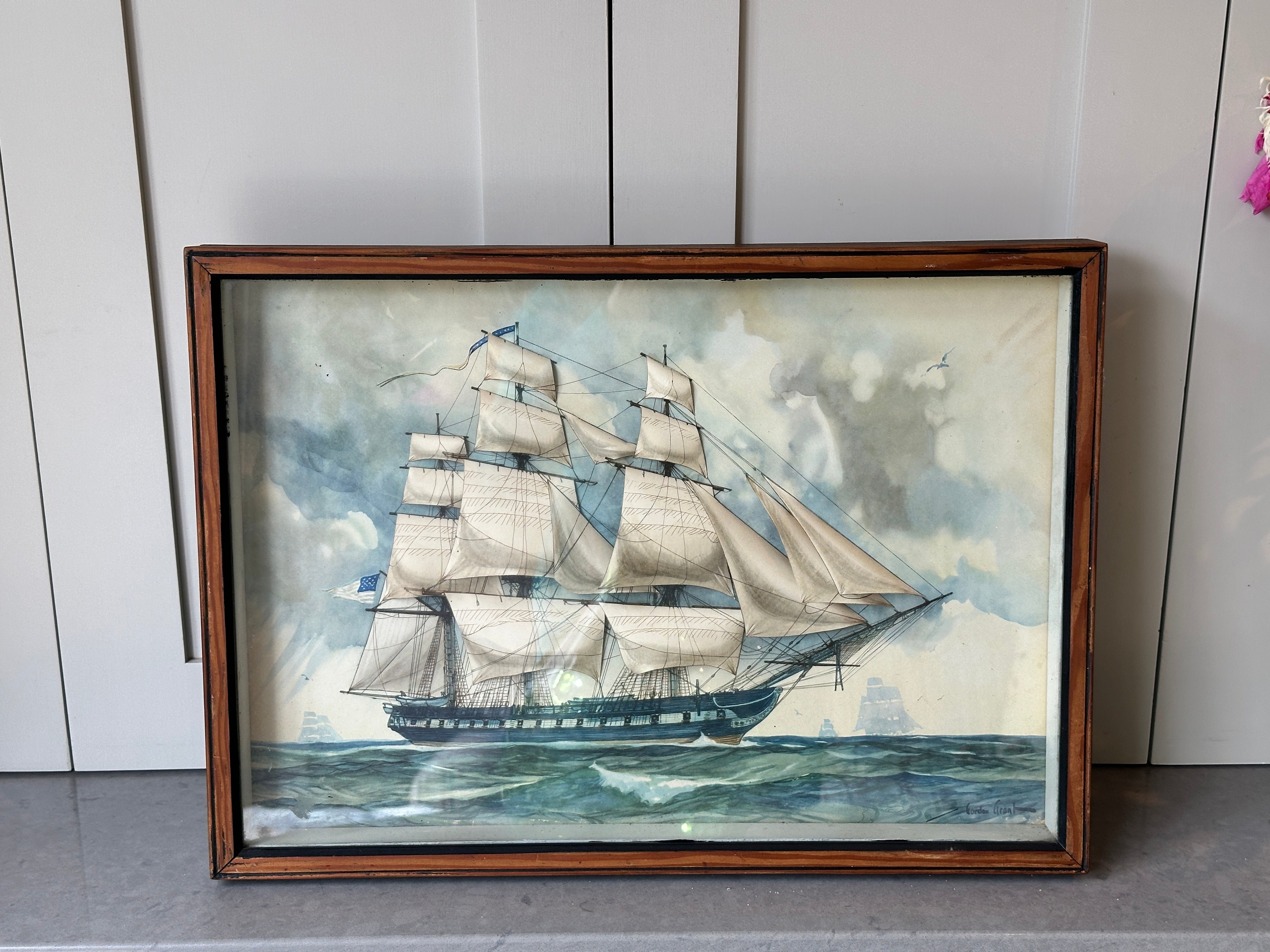 Amazing Diorama Painting of old Sailboat Signed by Gordon Grant