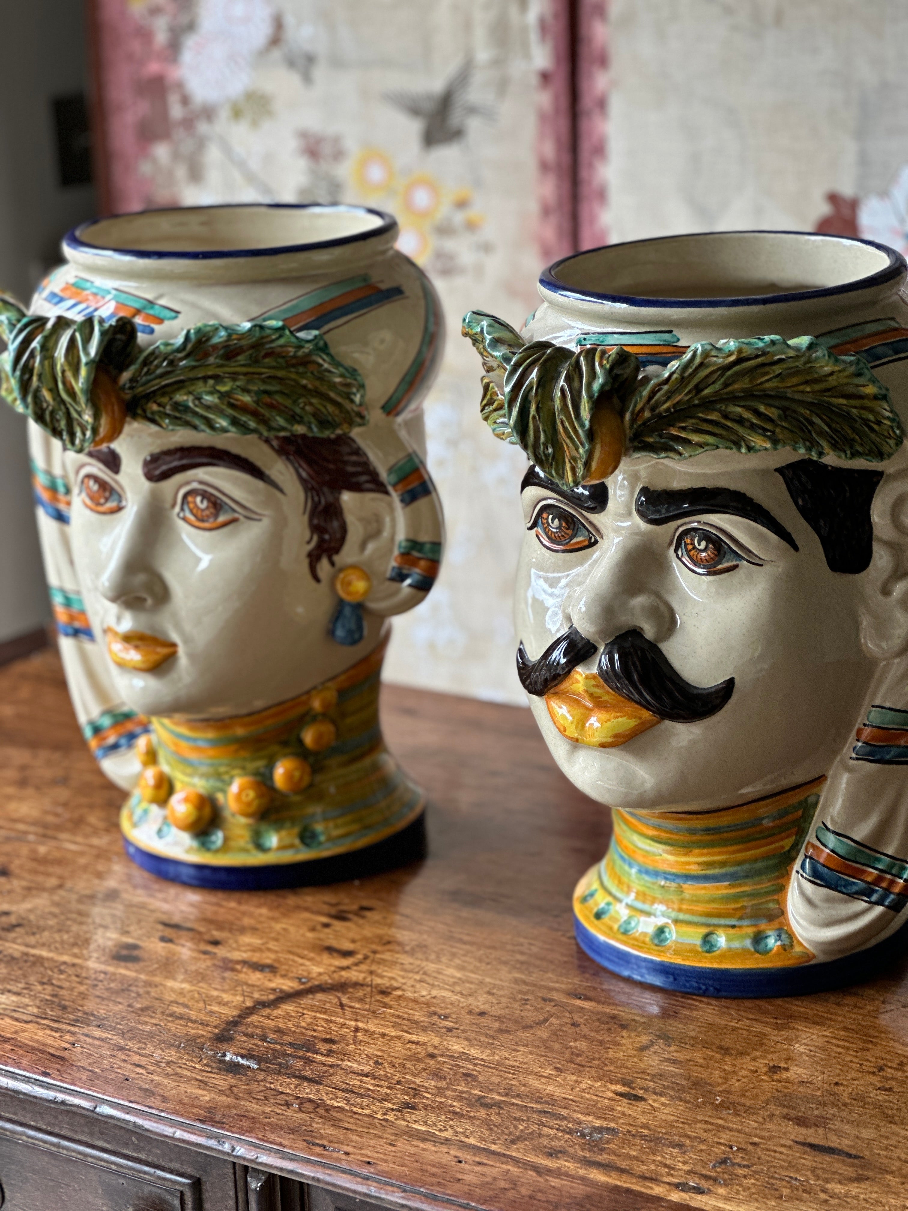 Large Pair of Sicilian Testi di Moro (Moor Heads)