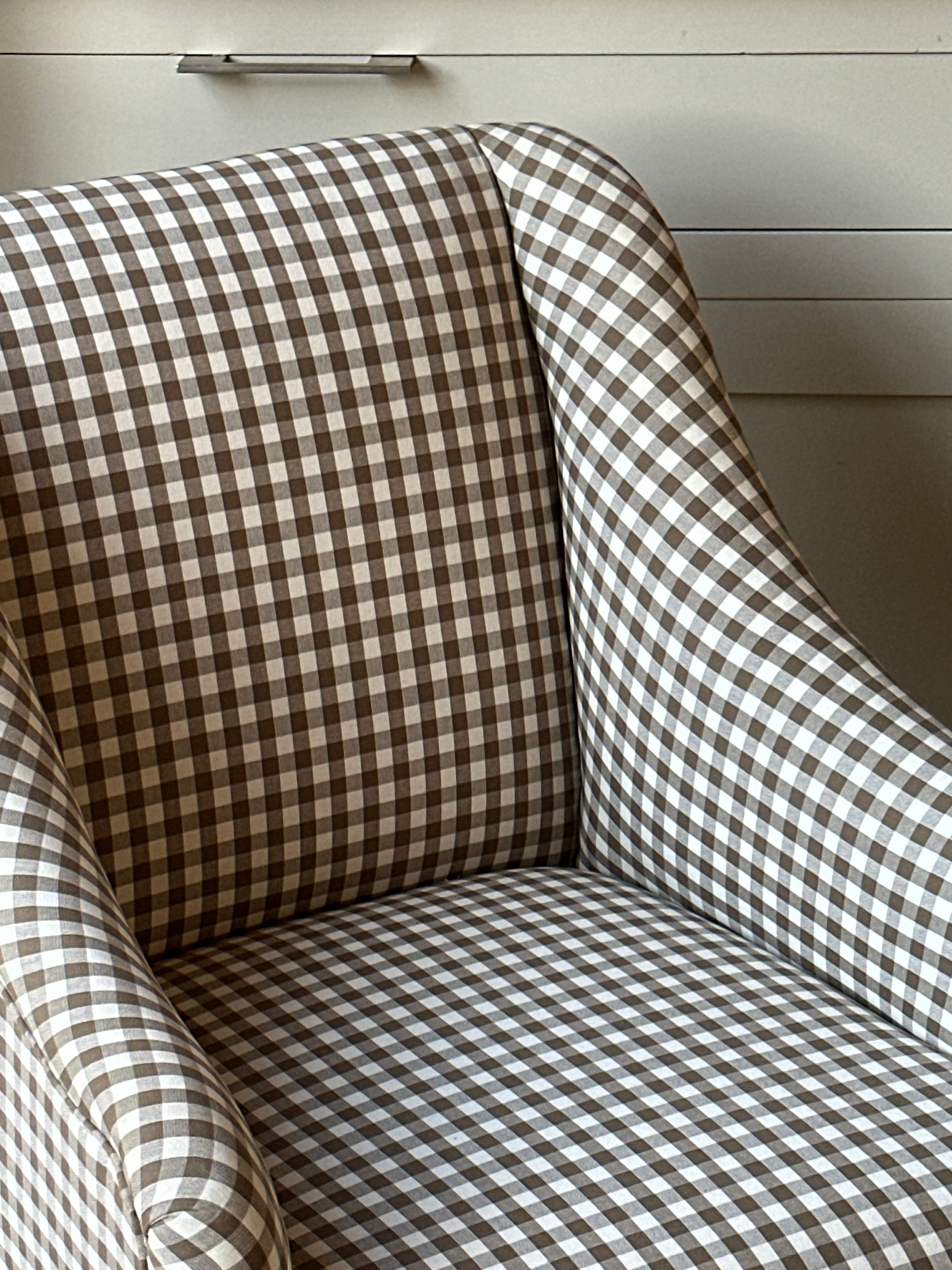 English Armchair on Castors Upholstered in Gingham Brown