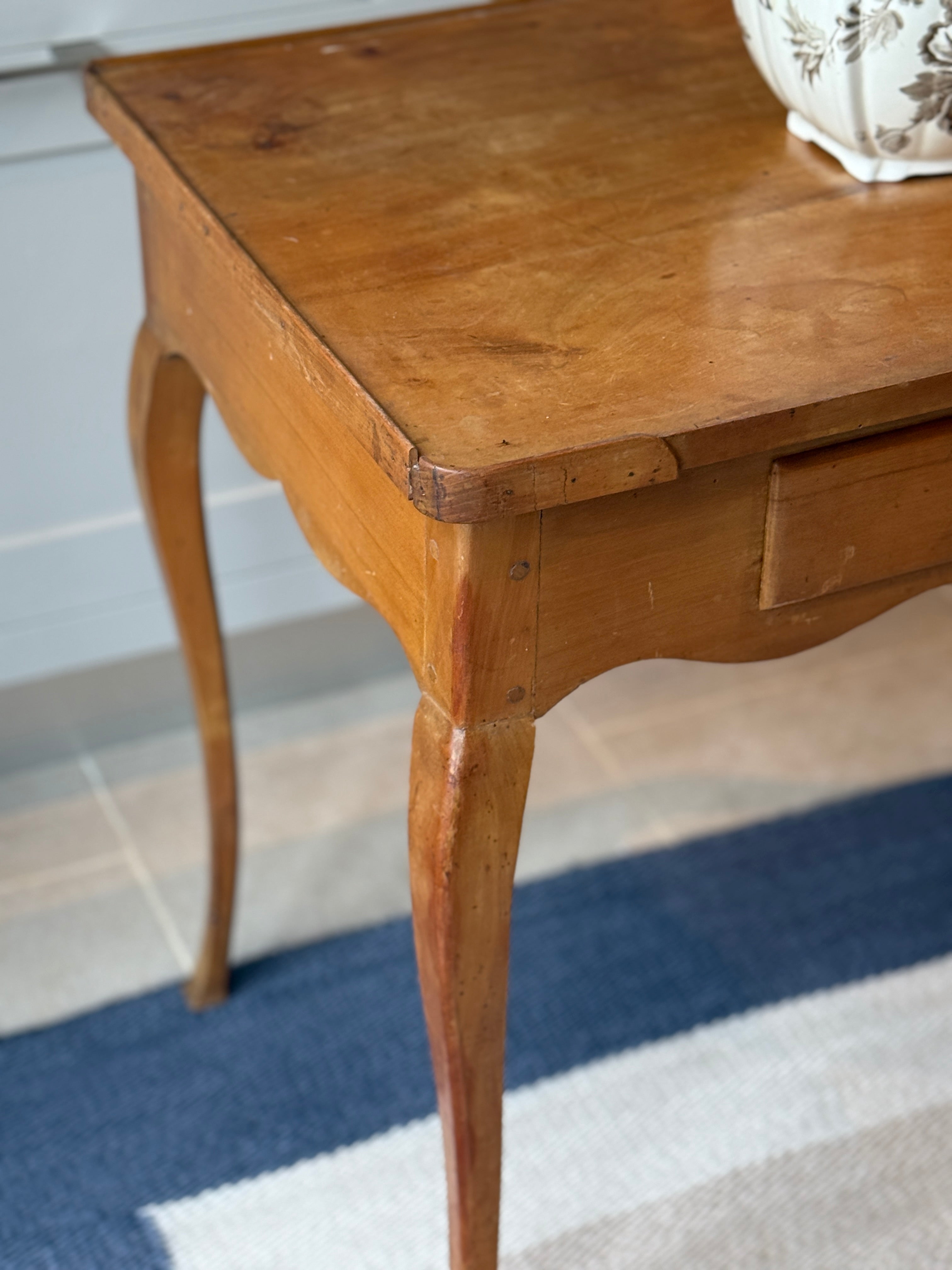 French Fruitwood Table with scalloped apron and drawer