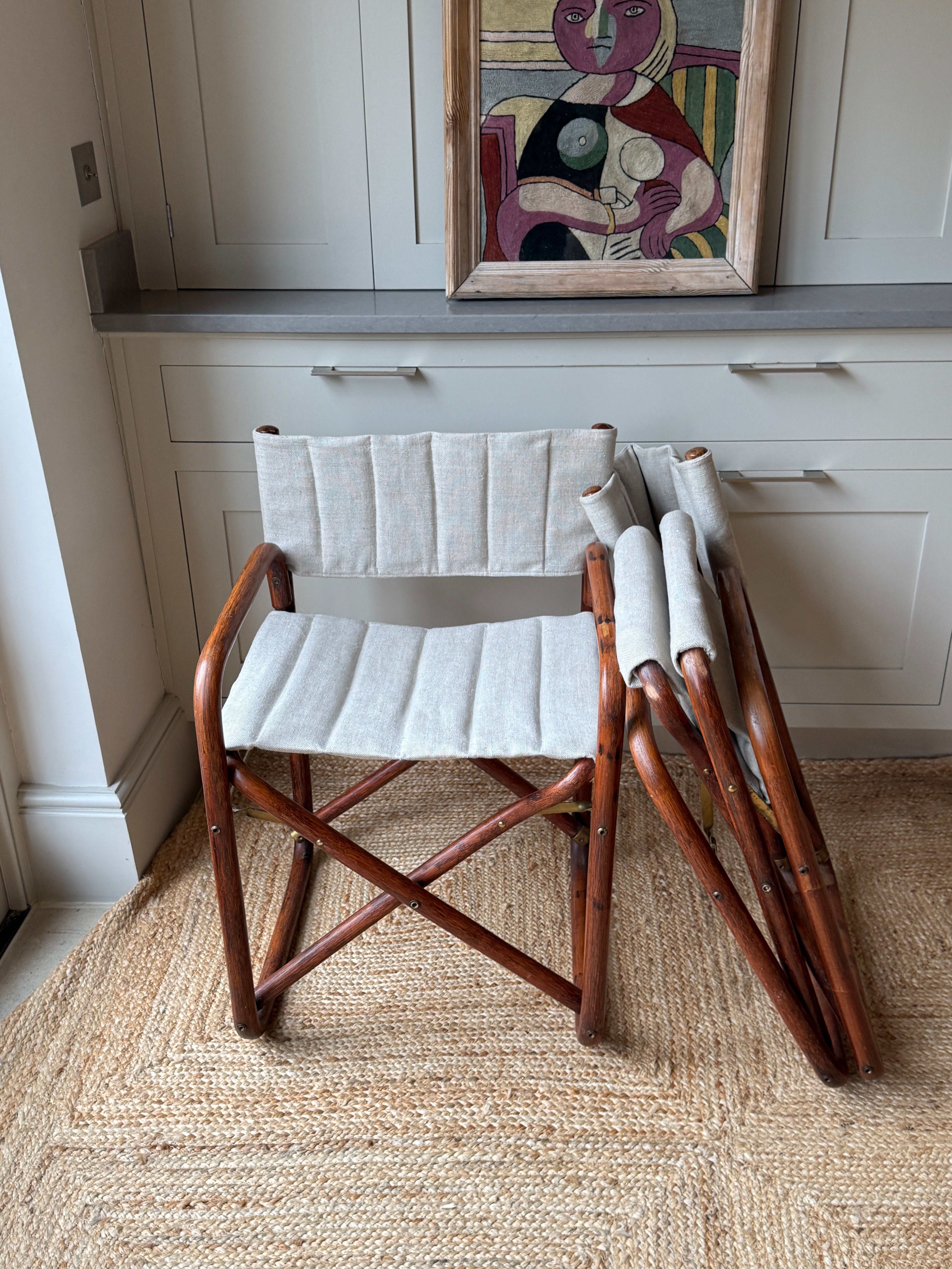 Pair of Italian Rattan and Brass Foldable Campaign Chairs