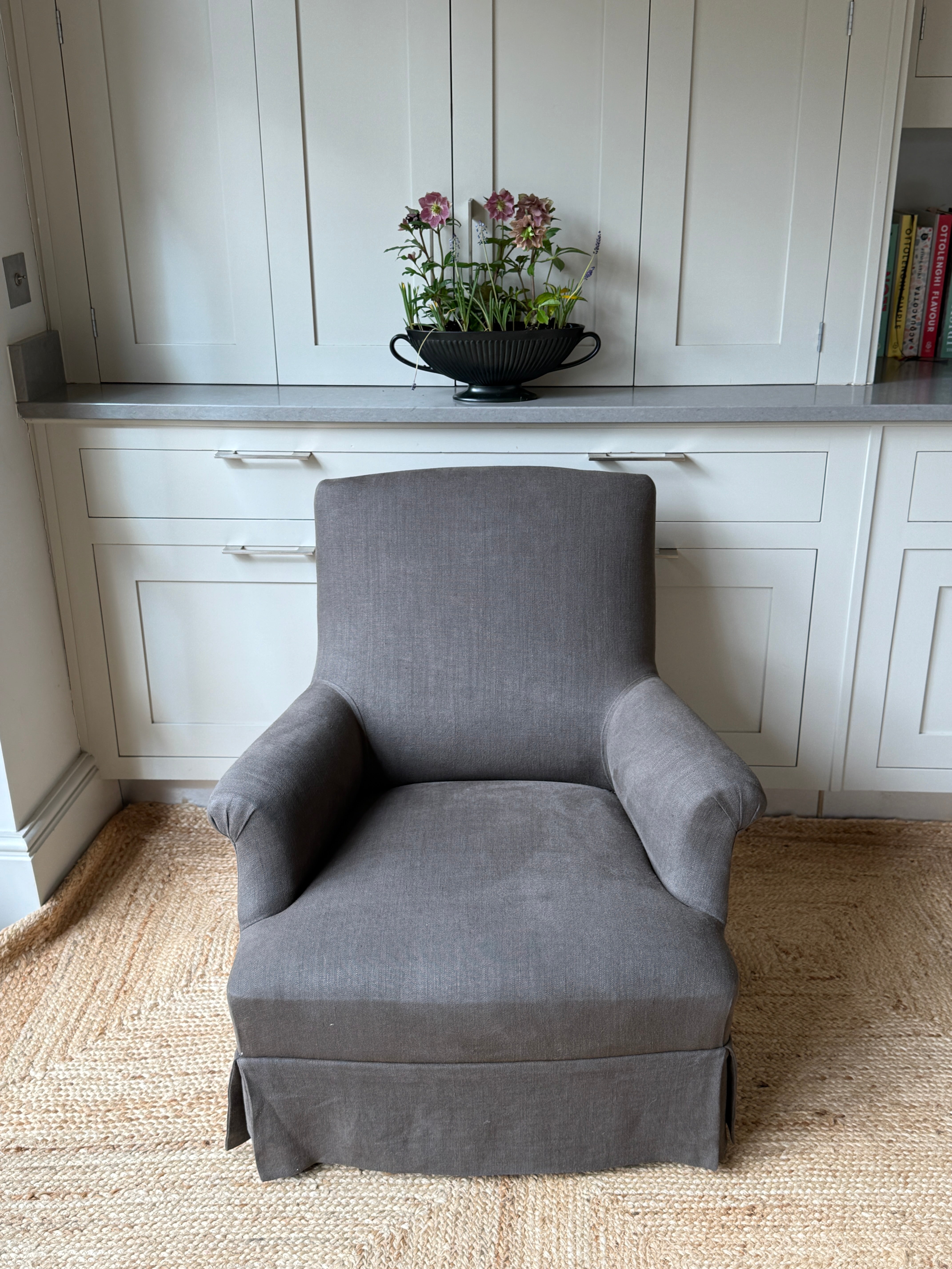 Single French Armchair in Heavy Brown Linen