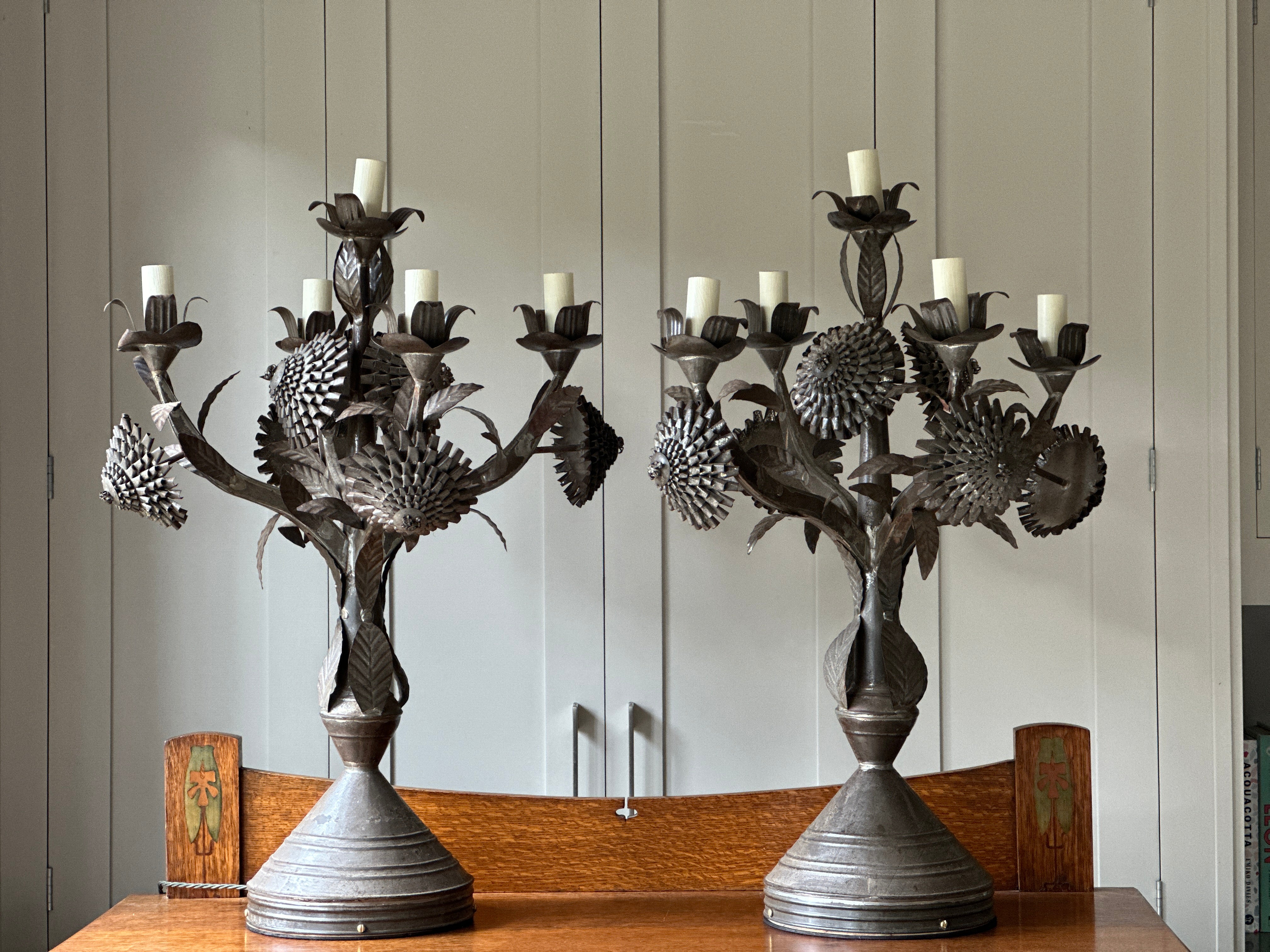 French Pair of Toleware Candelabra Table lamps