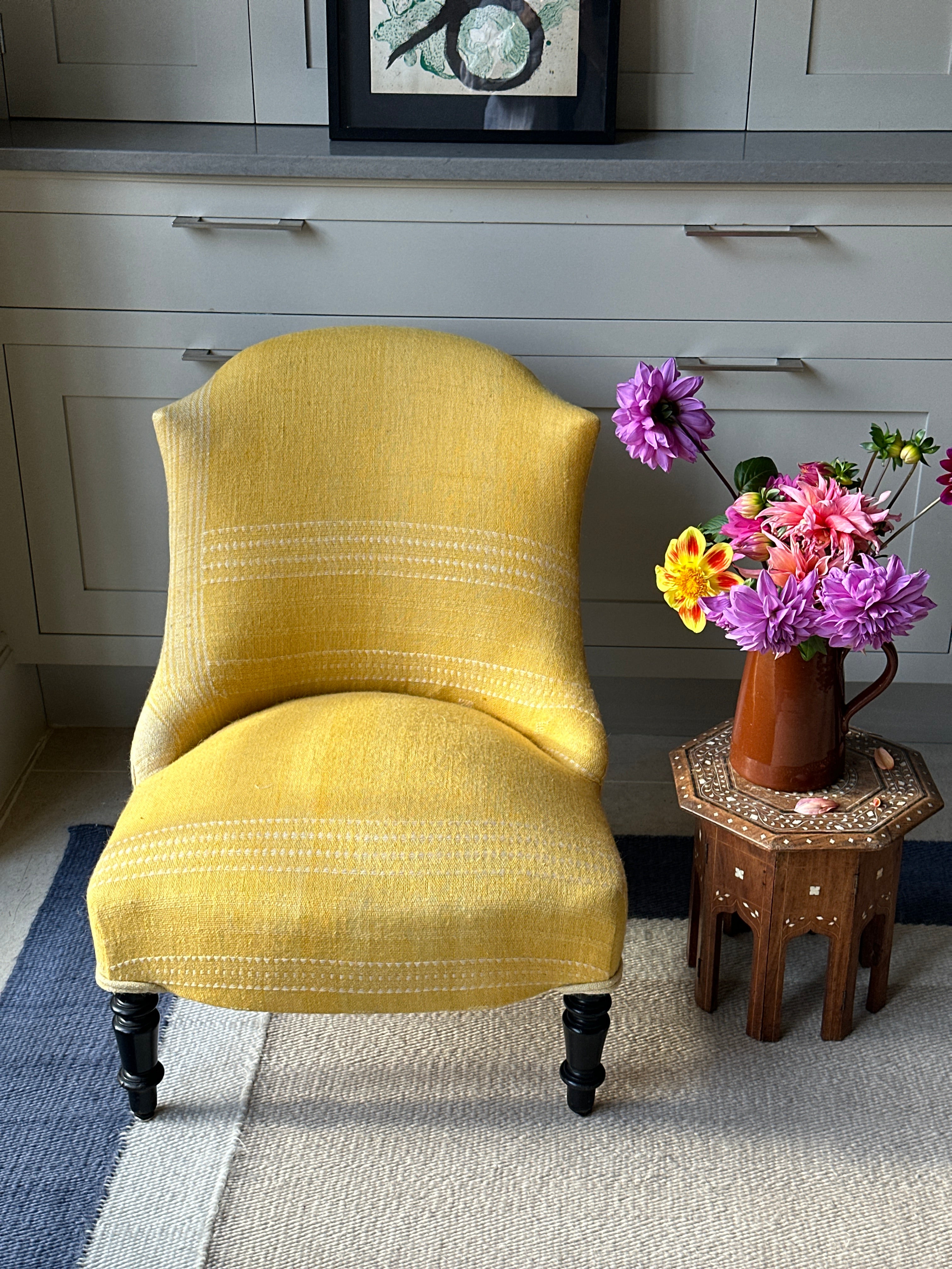 French Slipper Chair in vintage yellow Indian Camel Wool textile