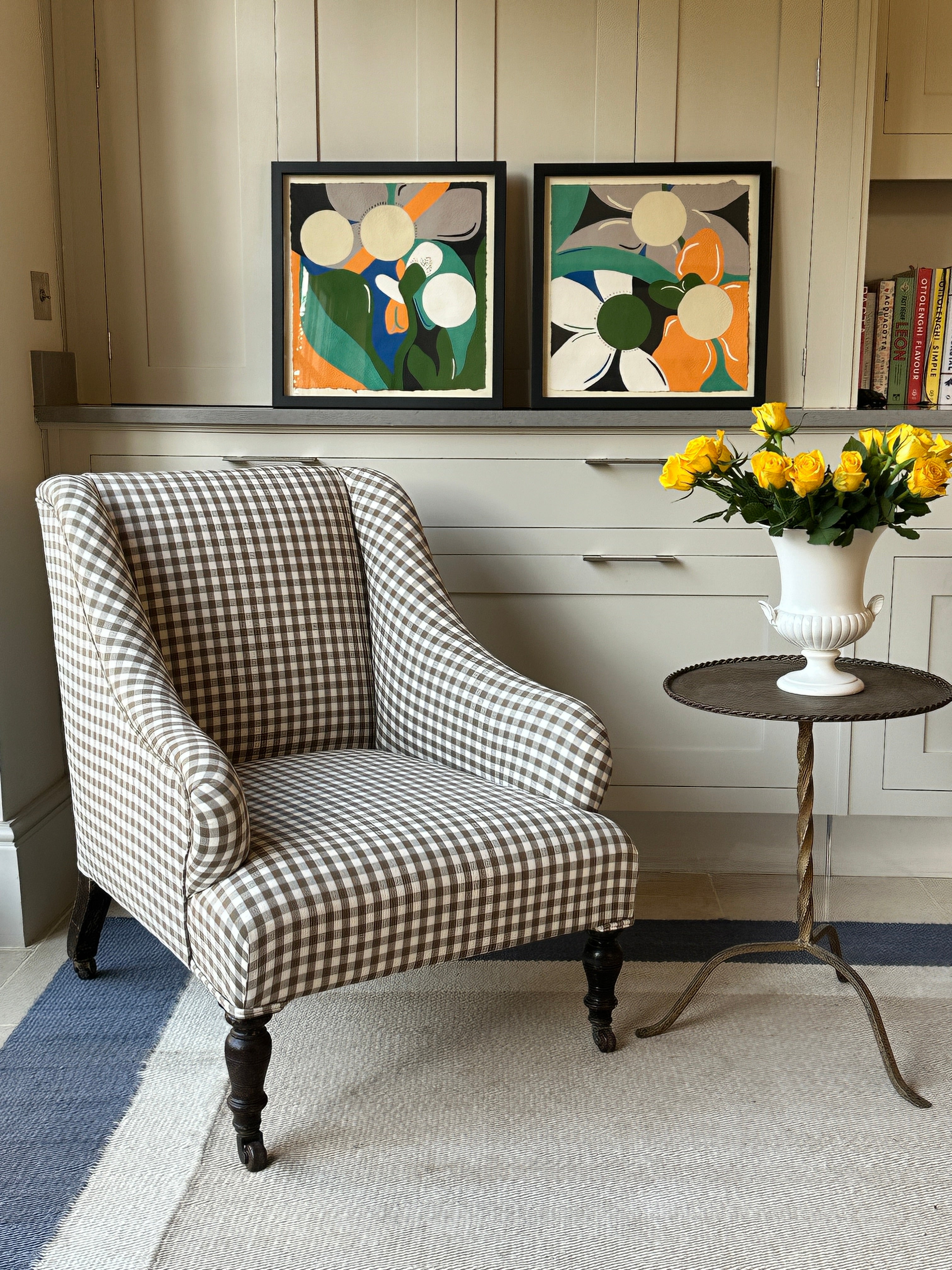 English Armchair on Castors Upholstered in Gingham Brown