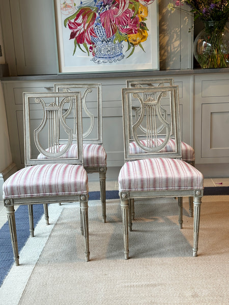 Early 19th Century. Set of 4 French Lire Back Painted Wooden Chairs