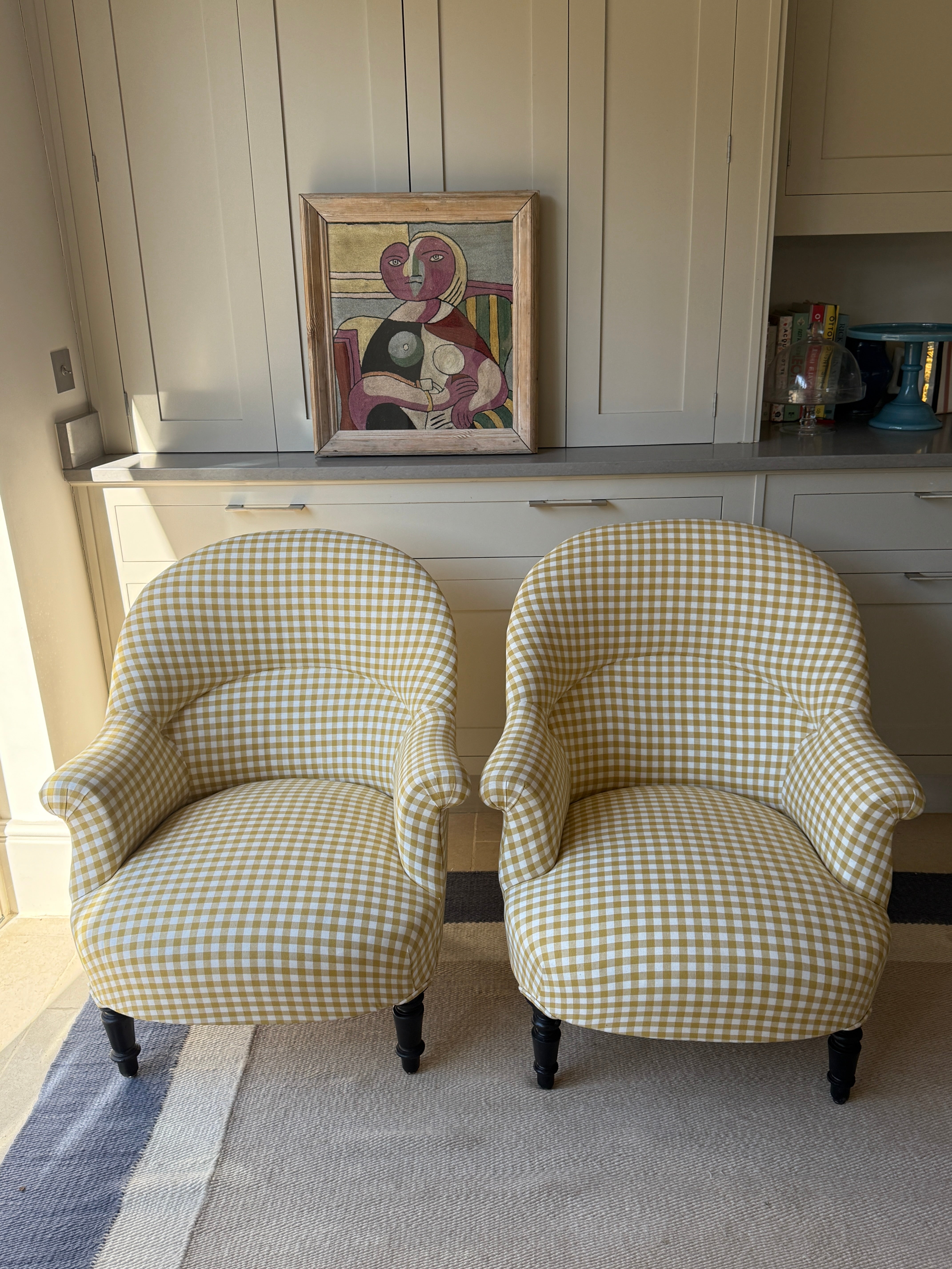 Pair of French Crapaud Tub Chairs in Yellow Gingham