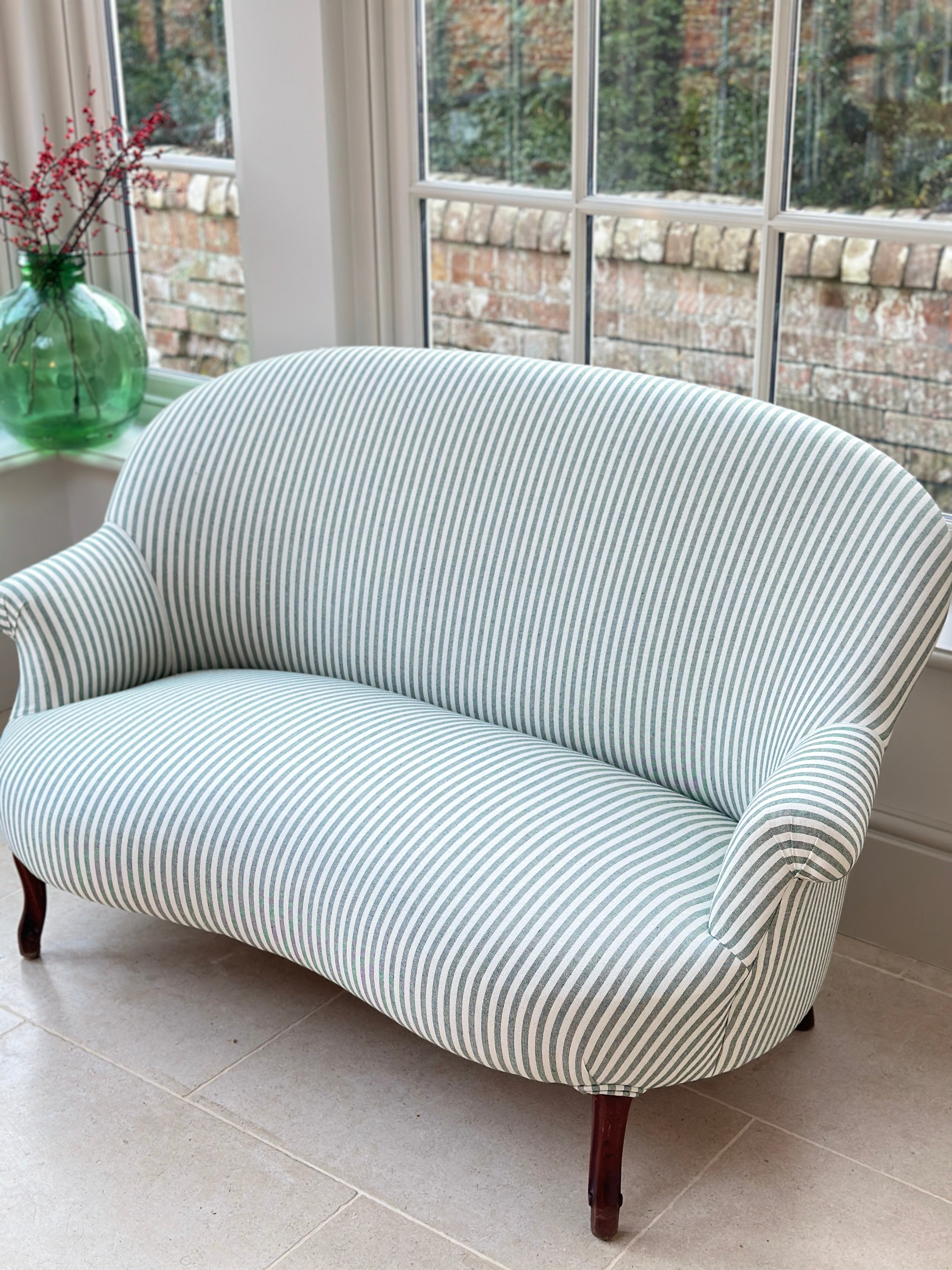 Small French 2 Seat Sofa ‘loveseat’ in green and white ticking