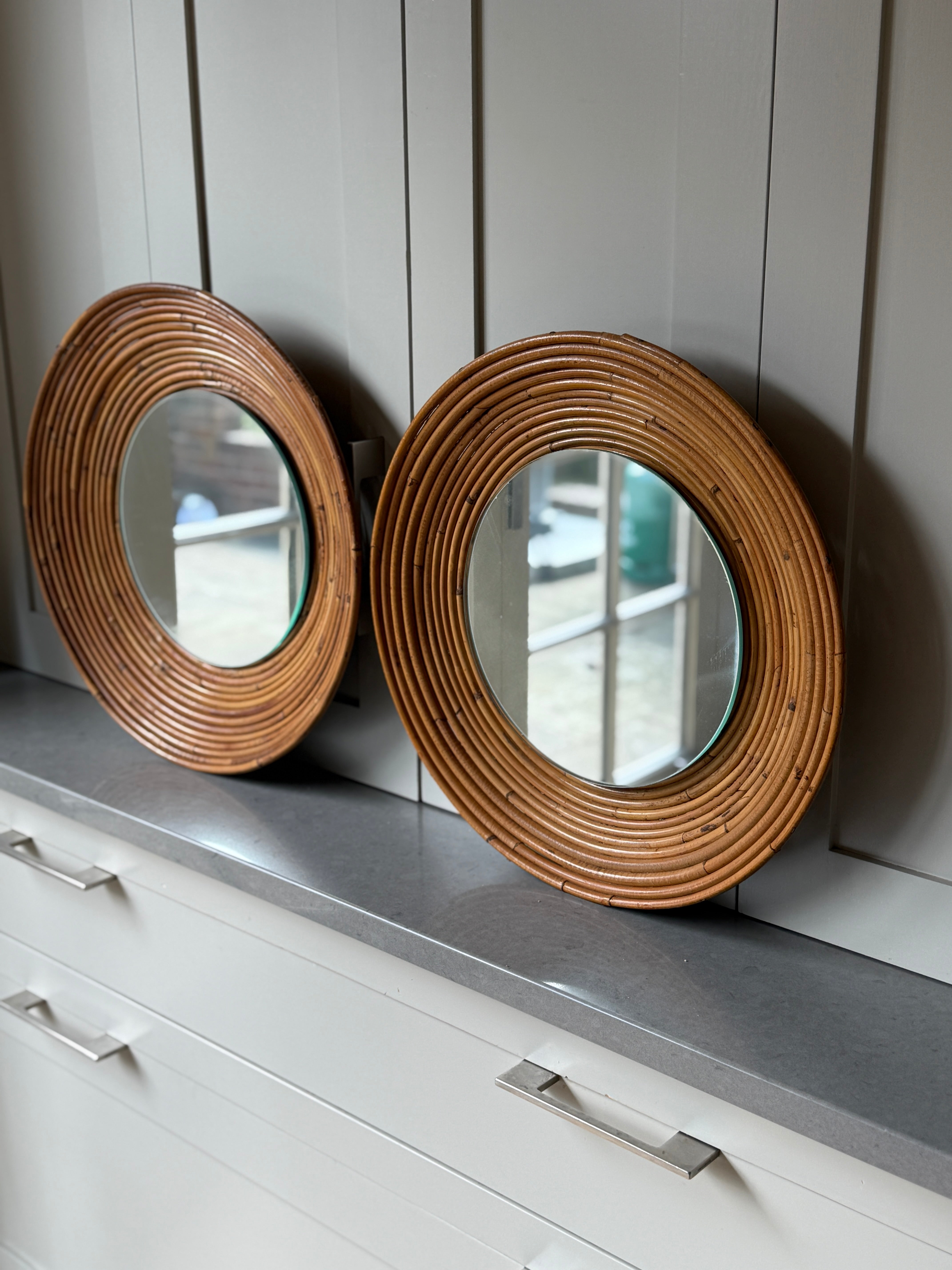 Pair of Round Rattan Mirrors - Italian 1960s
