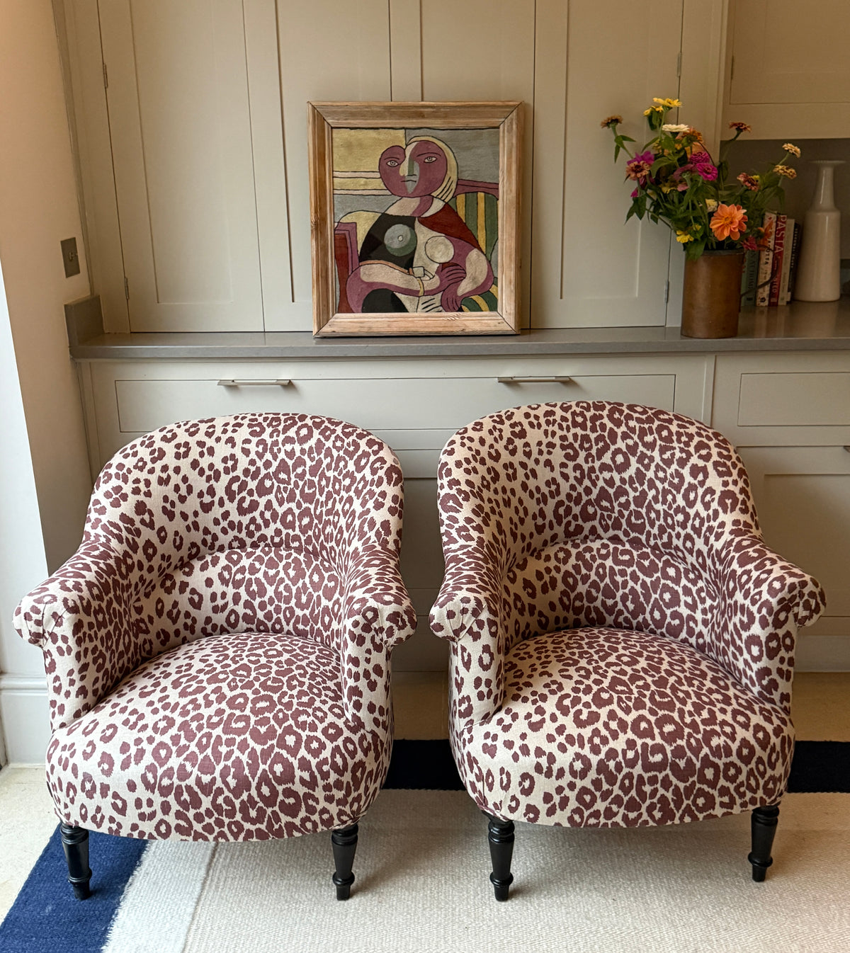 Pair of 19th Century French Chairs in Schumacher Iconic Leopard Linen, Raisin