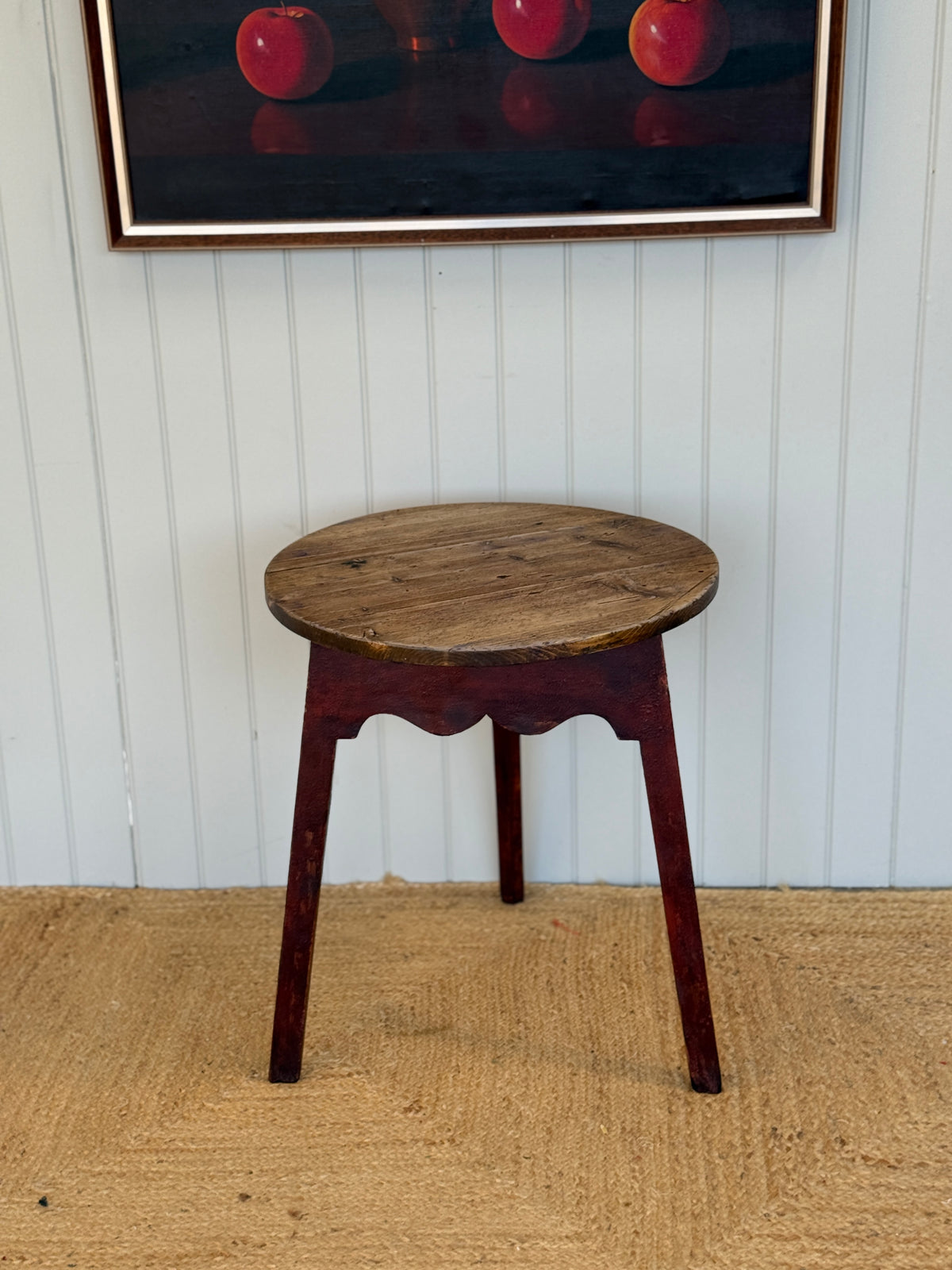 Antique Pine Cricket Table with Red Painted Base
