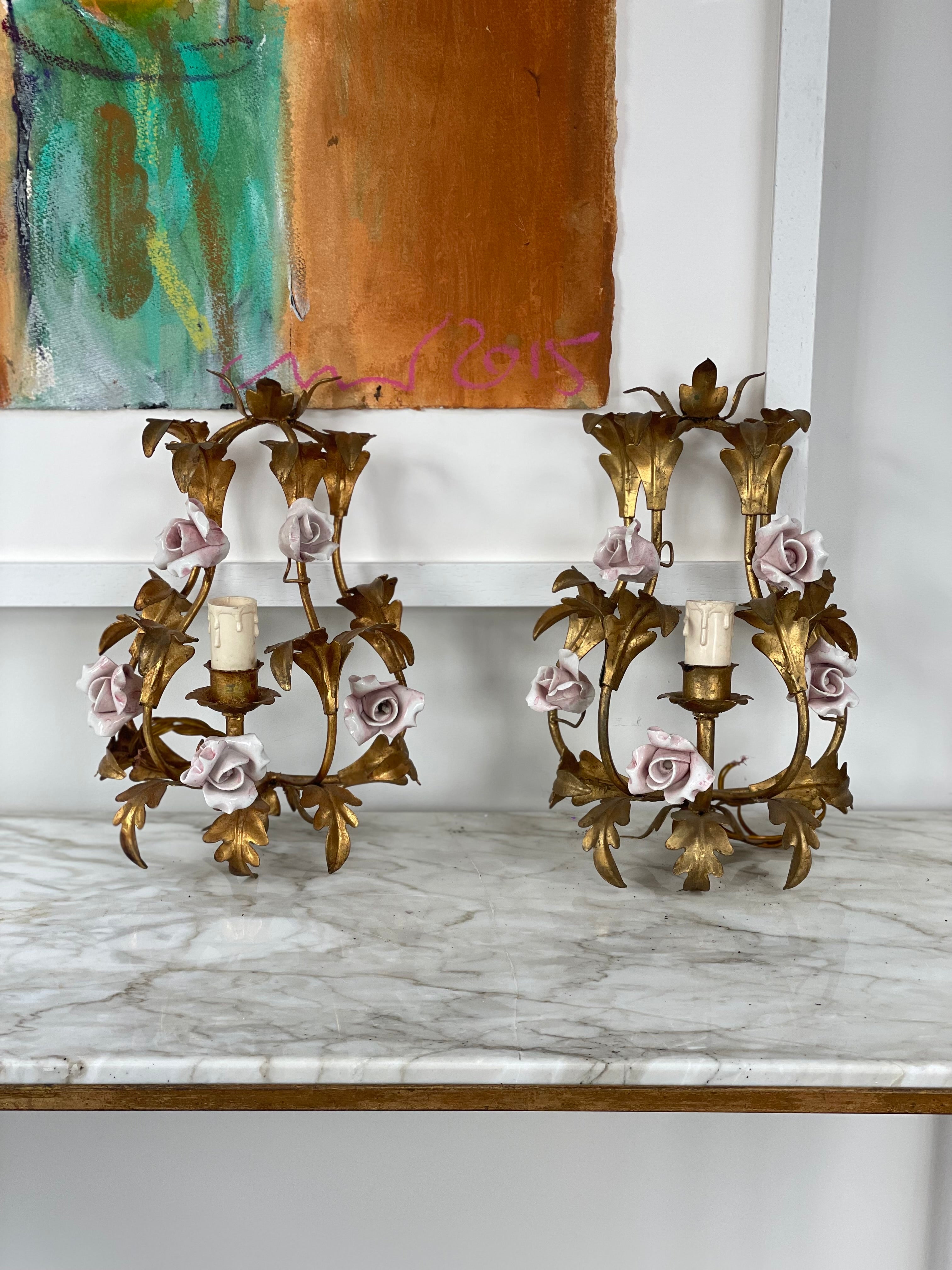 Pair of Gilt Toleware Wall Lights with Ceramic Roses