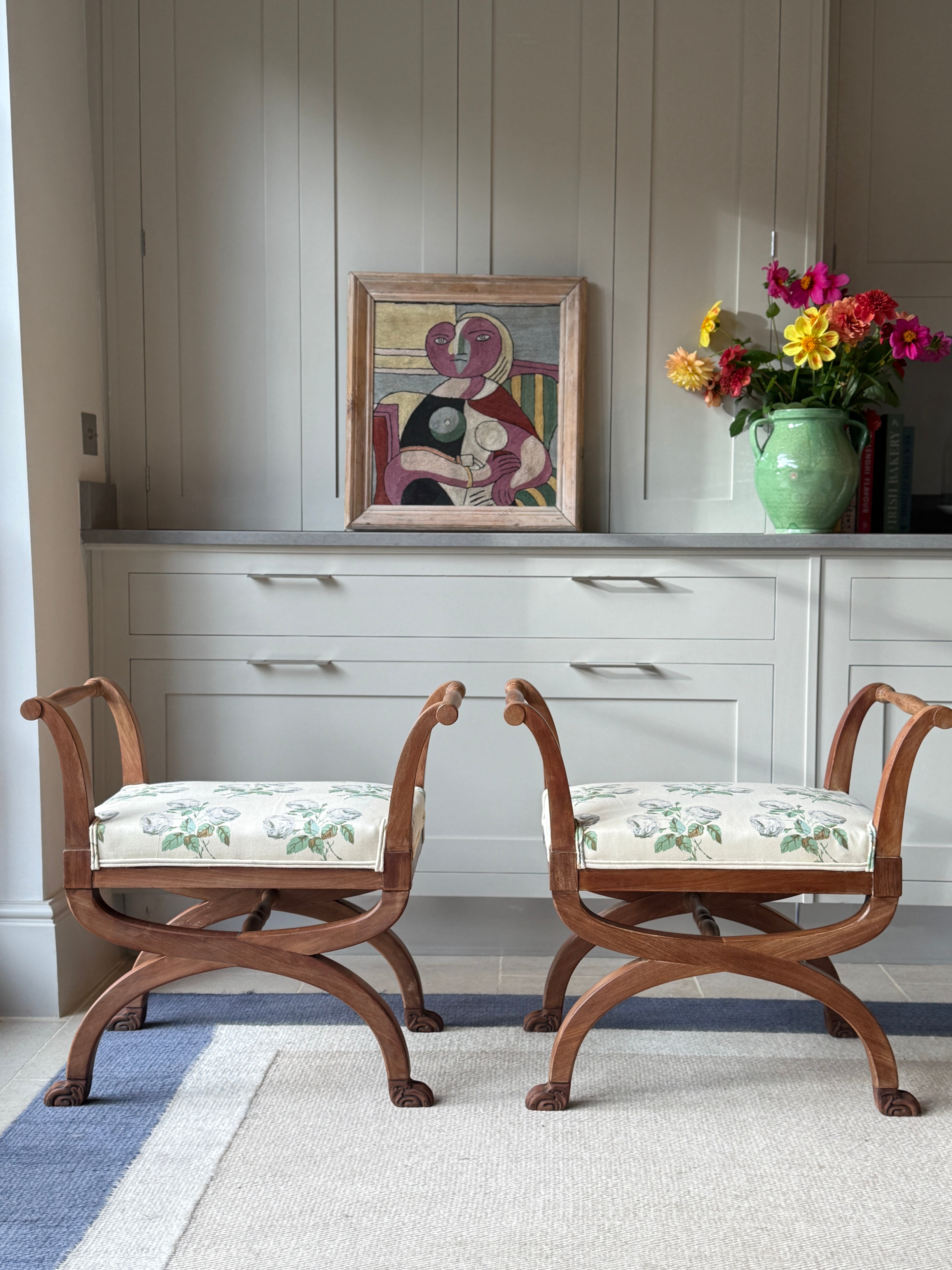 Pair of Bleached Mahogany X Frame Stools Upholstered in Colefax and Fowler Bowood