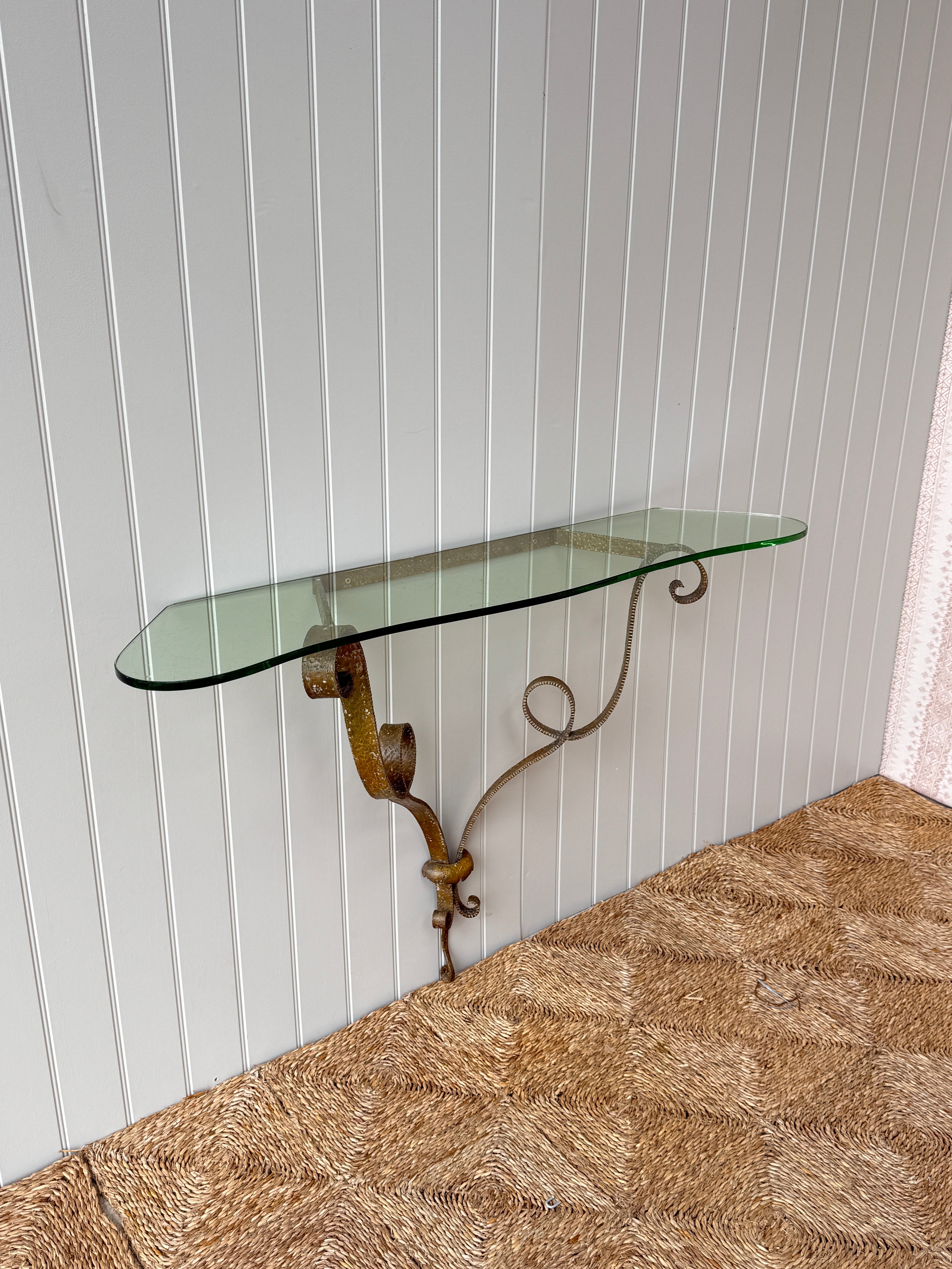 Italian Hammered Gilt Metal Console Table with Glass Top