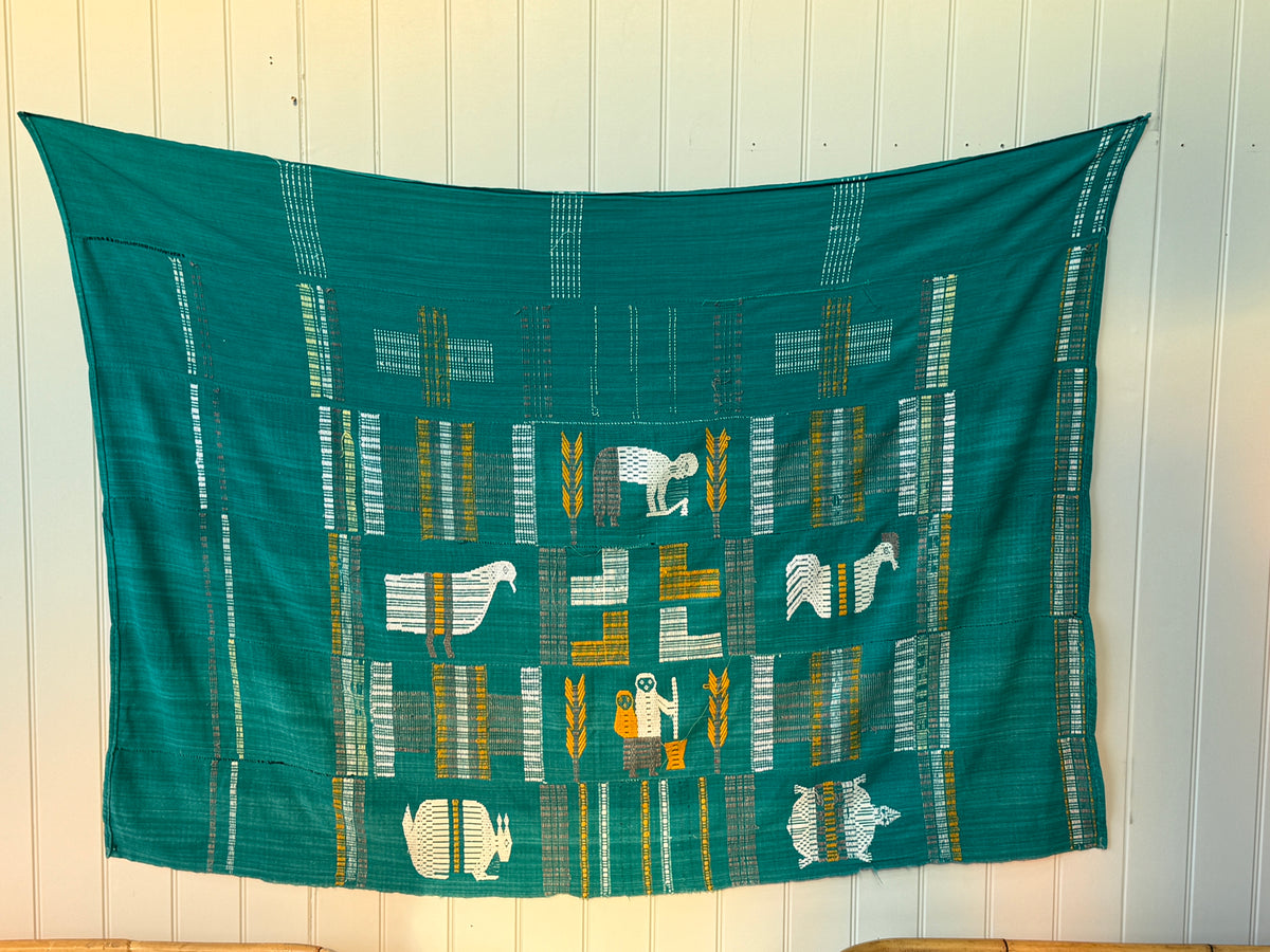 Senufo Hand-Woven Cotton Textile, Teal Green with Figurative Motifs