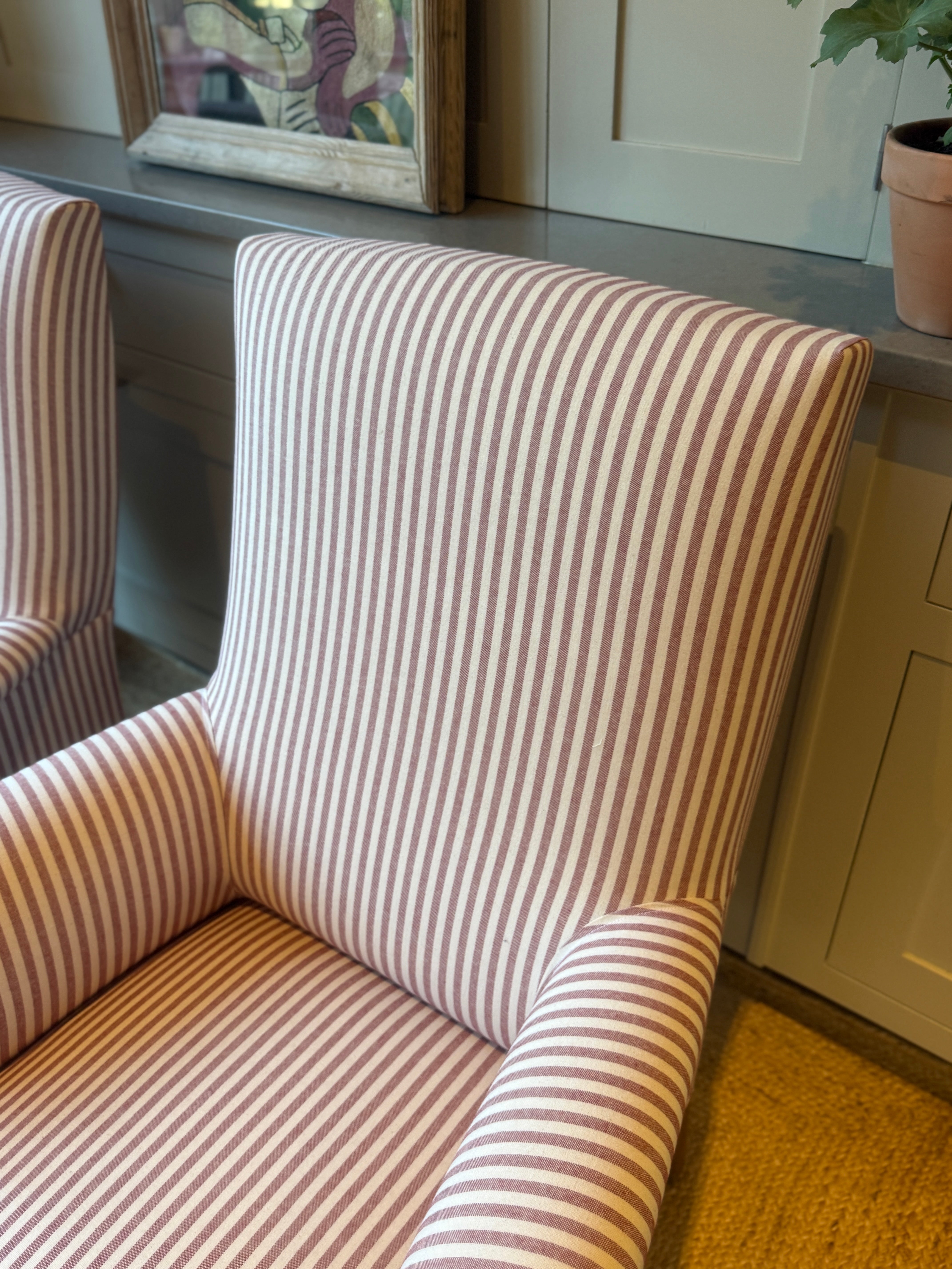 Large Pair of French Armchairs in red and white ticking