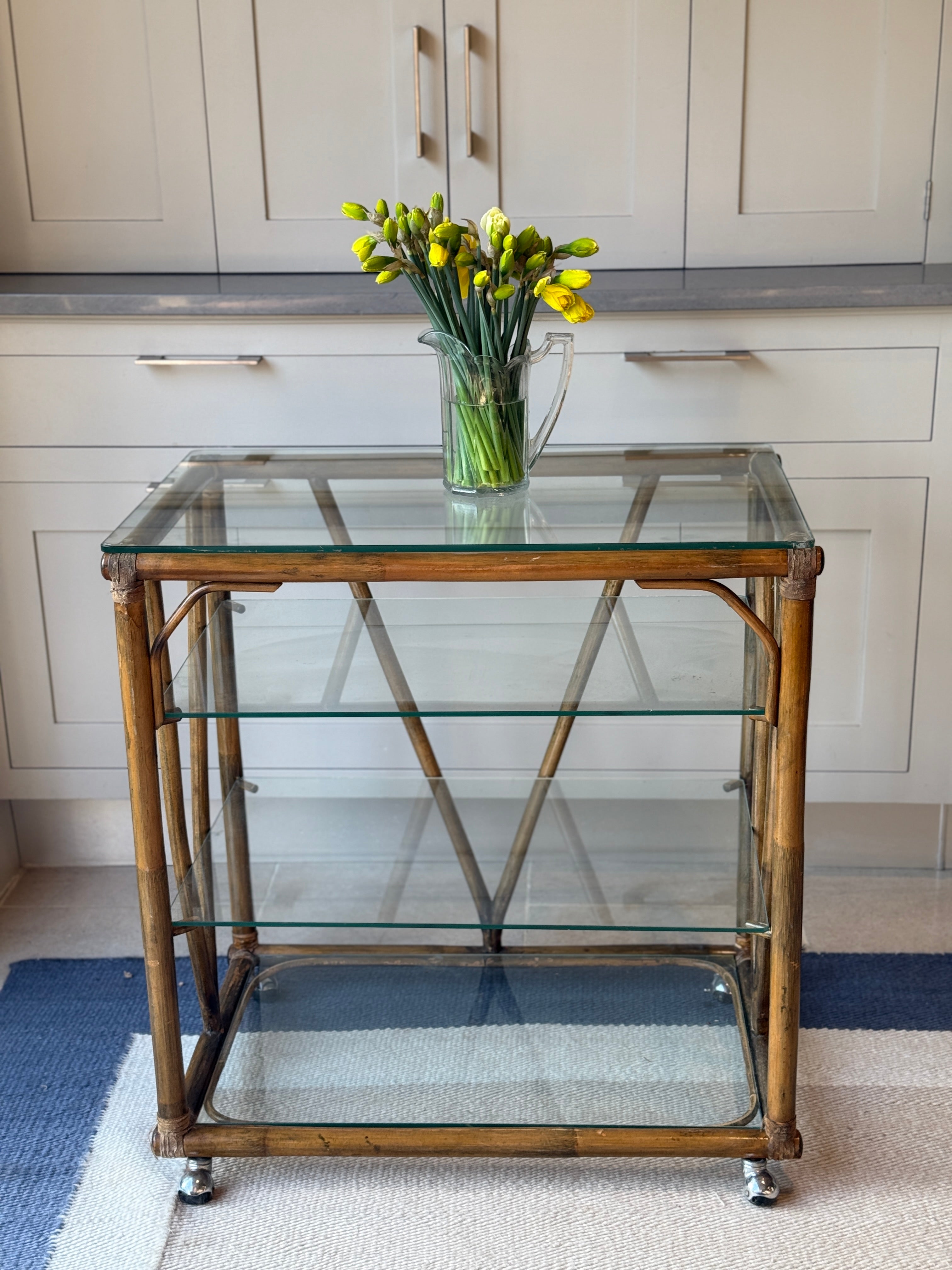 Italian Mid Century Cane & Glass Trolley