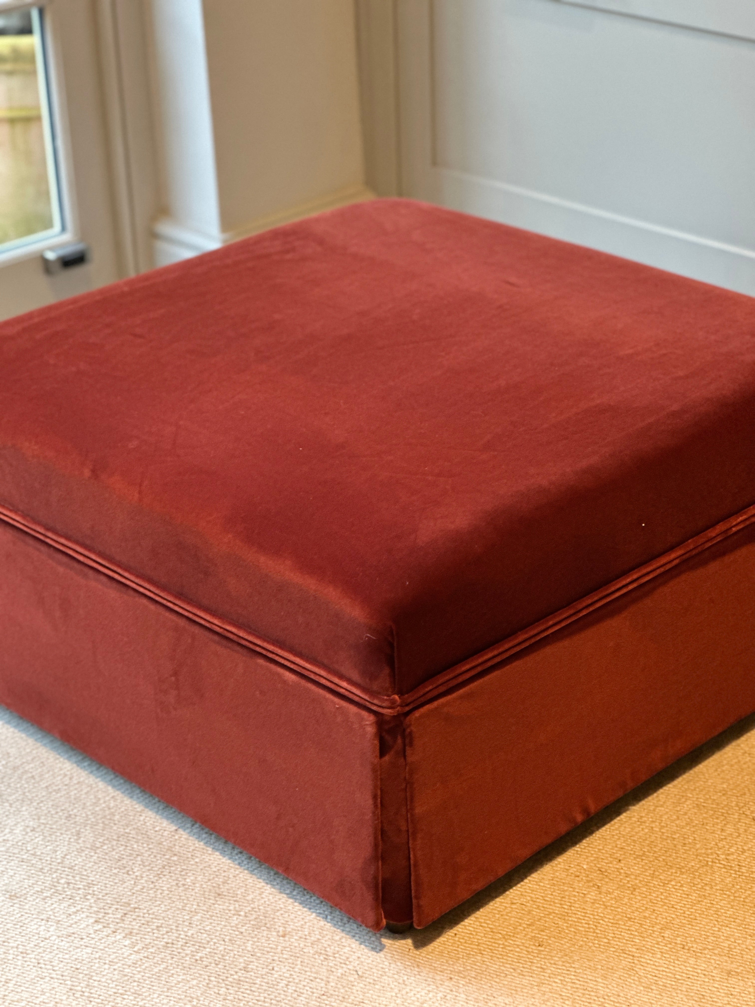 Antique French Ottoman Footstool in Rose Uniacke Cotton Velvet Burnt Siena