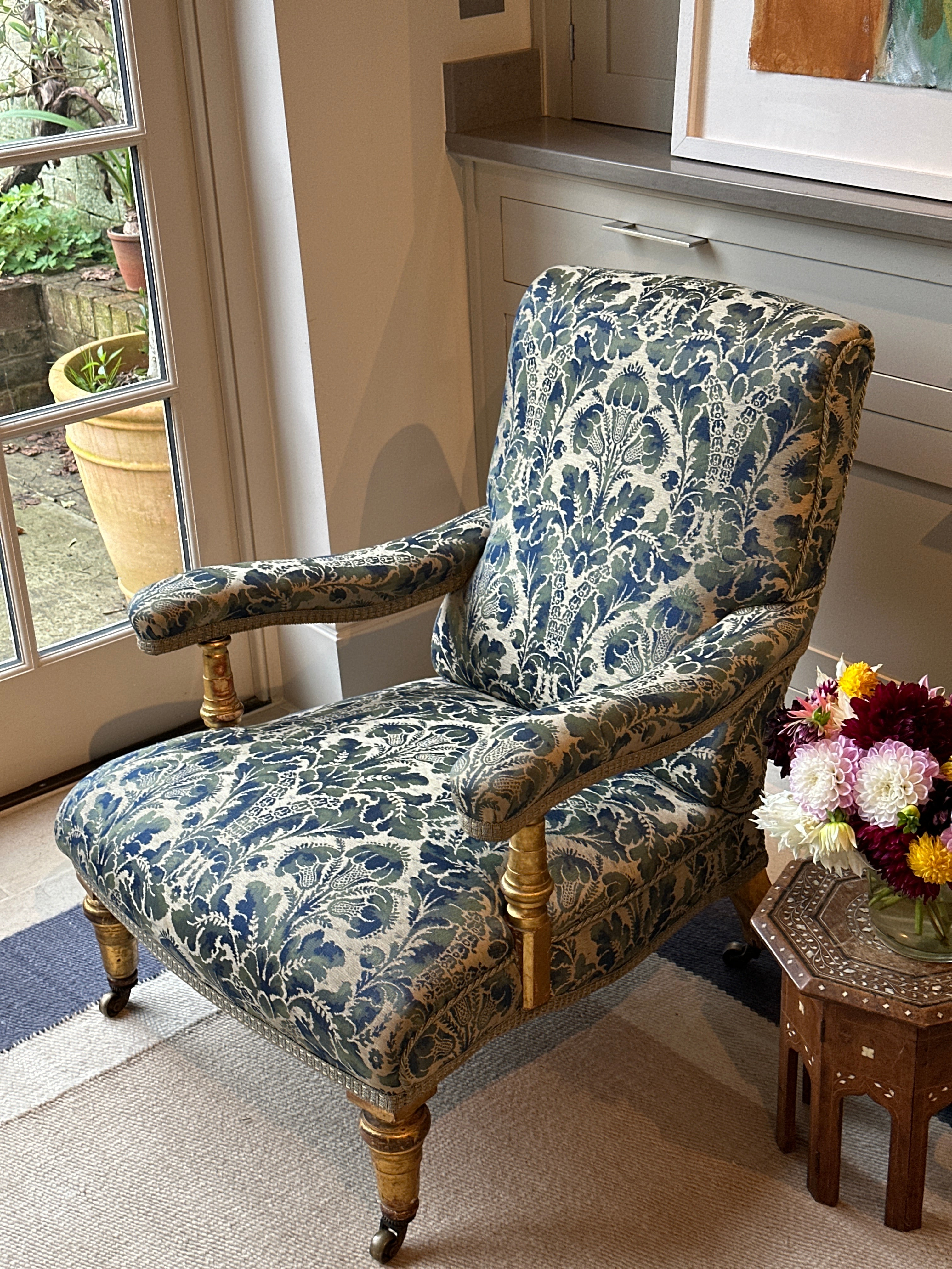 Country House Open Armchair in original blue damask.