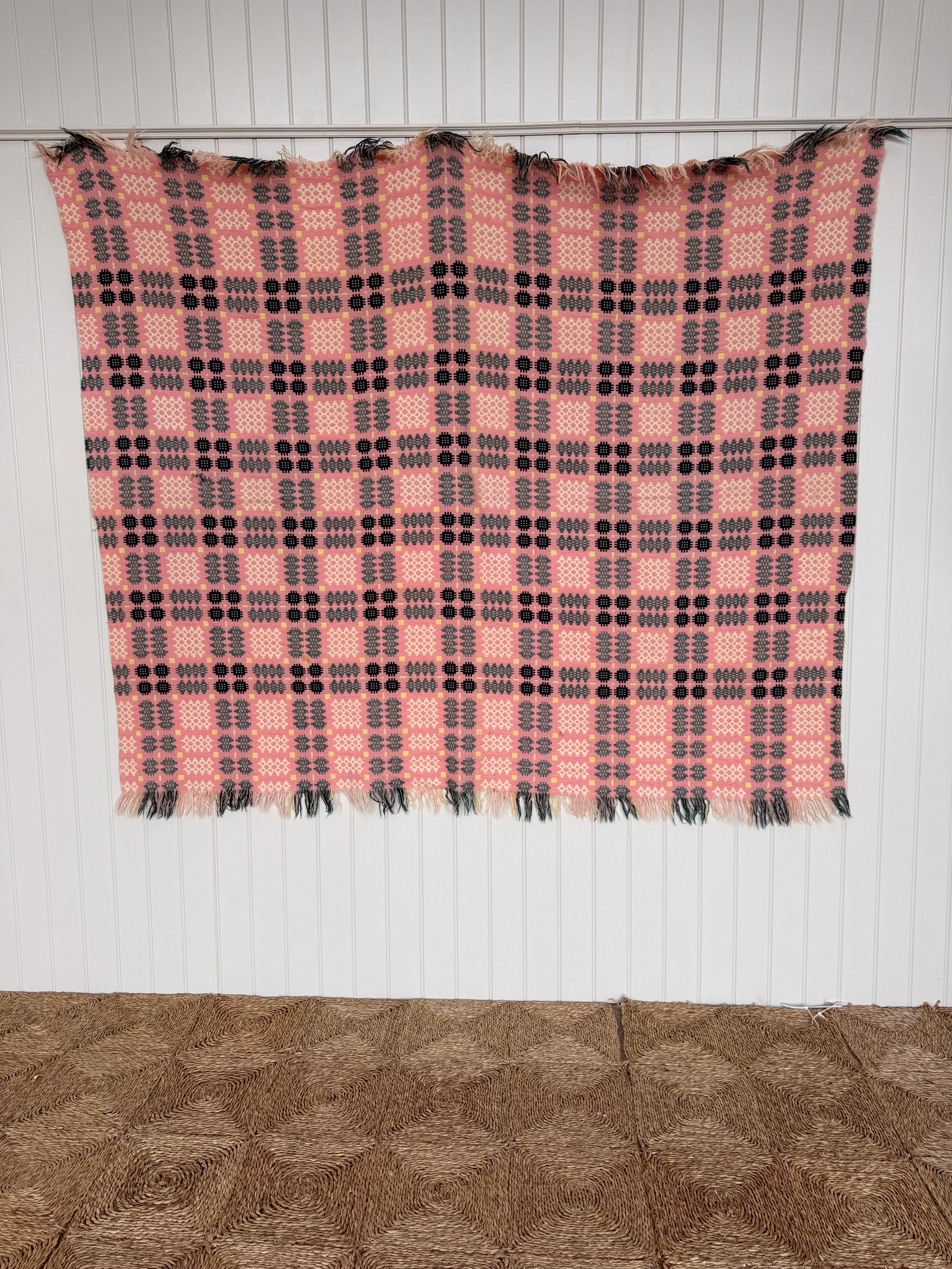 Vintage Welsh Blanket in Pink, Green and Yellow