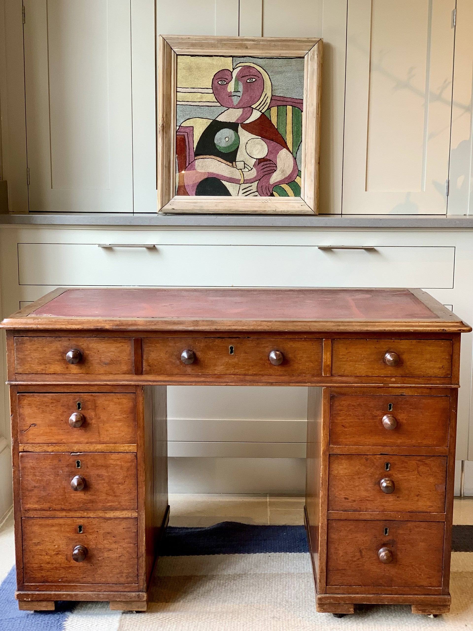 Kneehole Desk with Red Leather Top