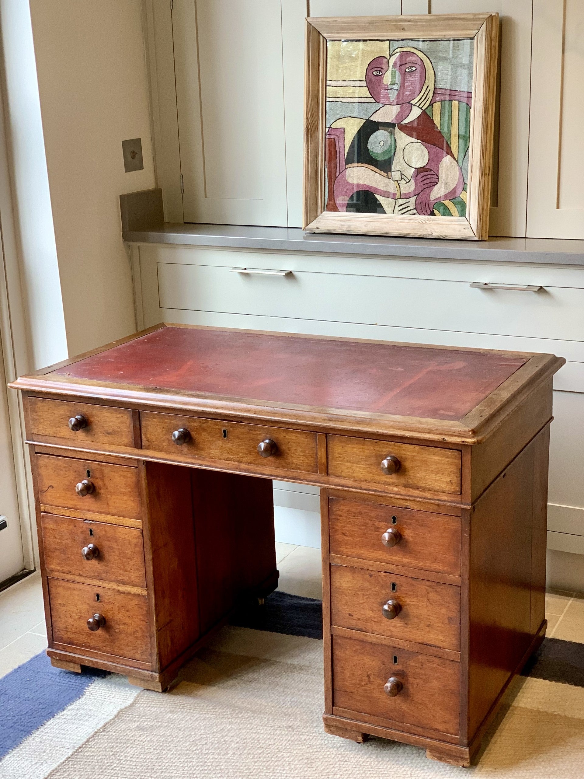 Kneehole Desk with Red Leather Top