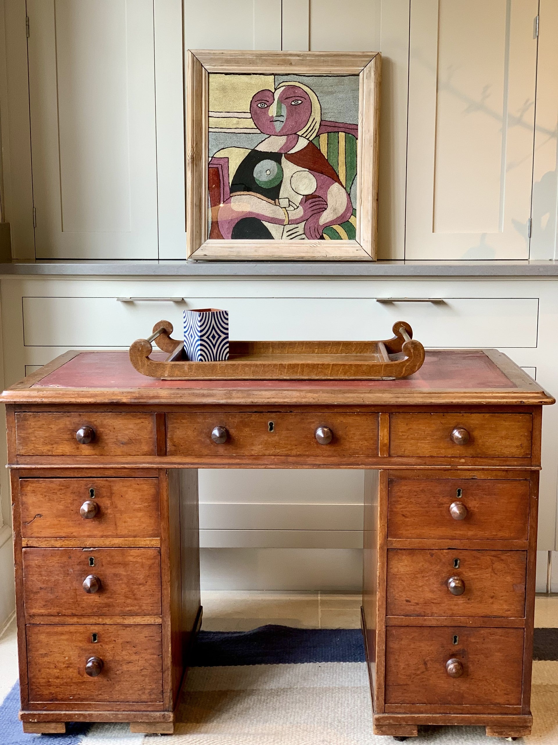 Kneehole Desk with Red Leather Top