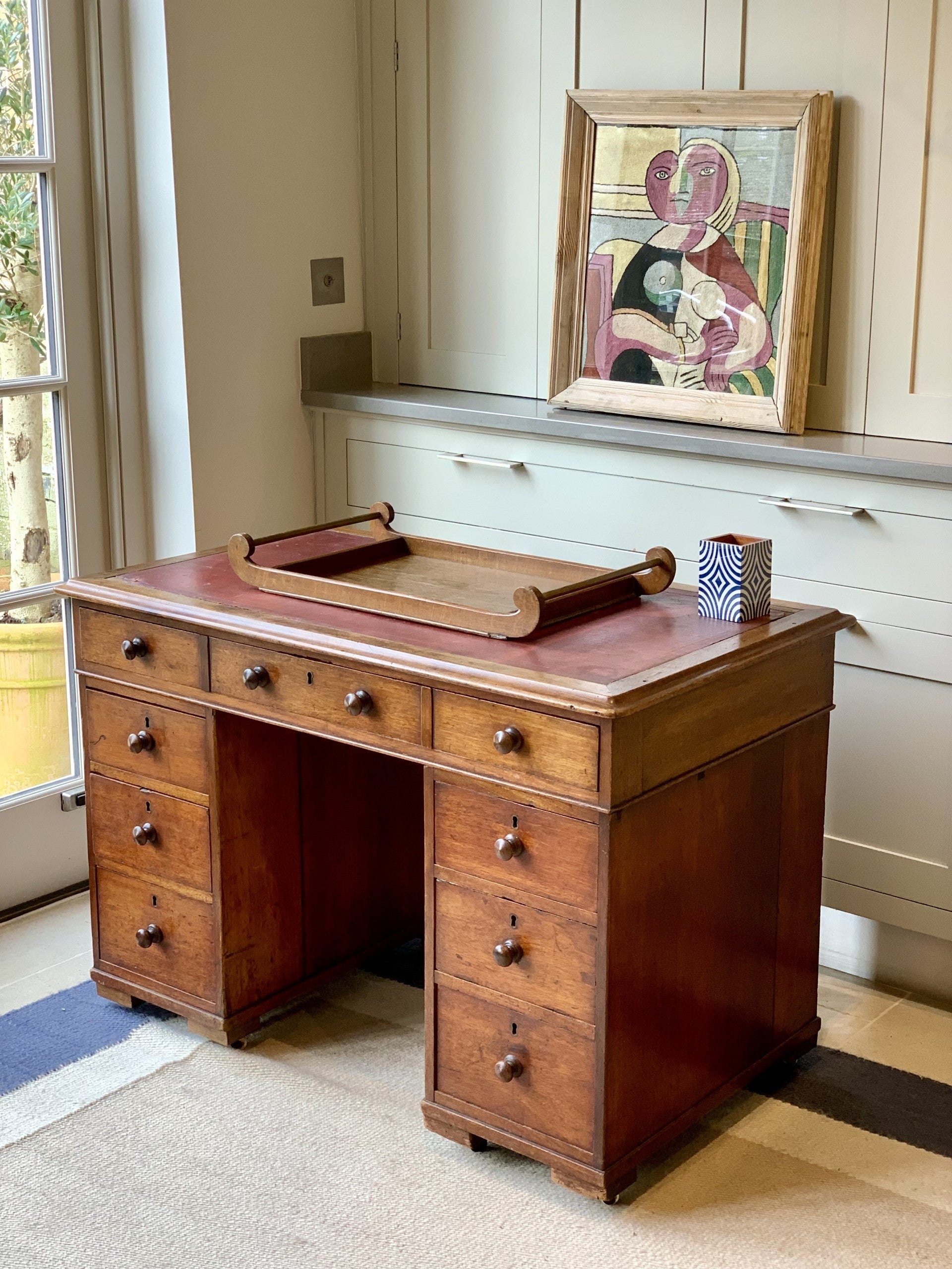 Kneehole Desk with Red Leather Top