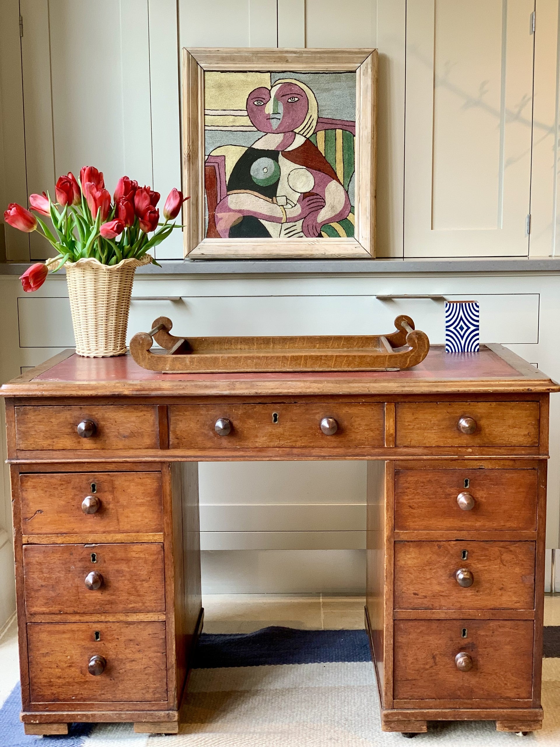 Kneehole Desk with Red Leather Top