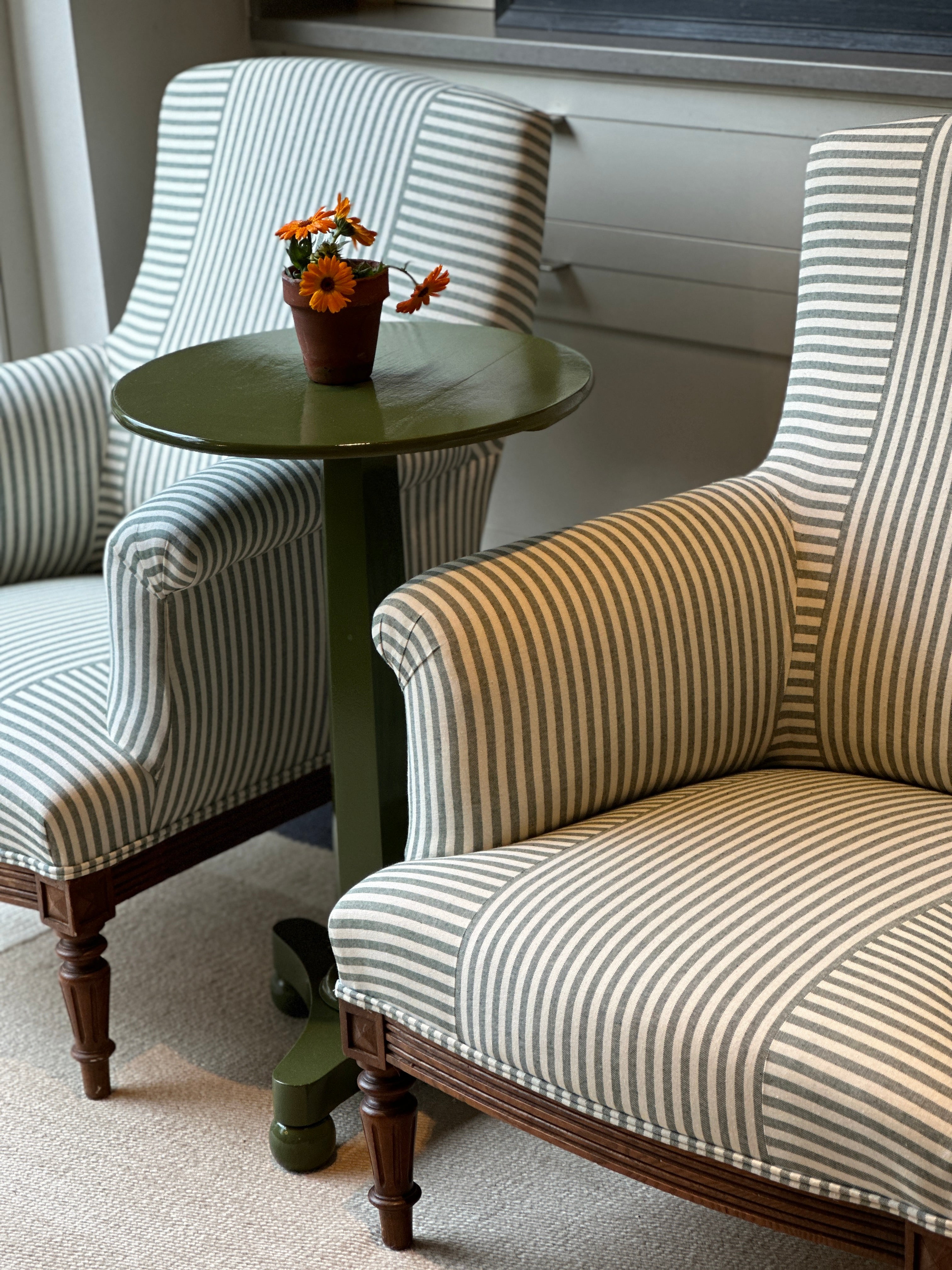 Pair of Napoleon III Chair in Dark Green Ticking