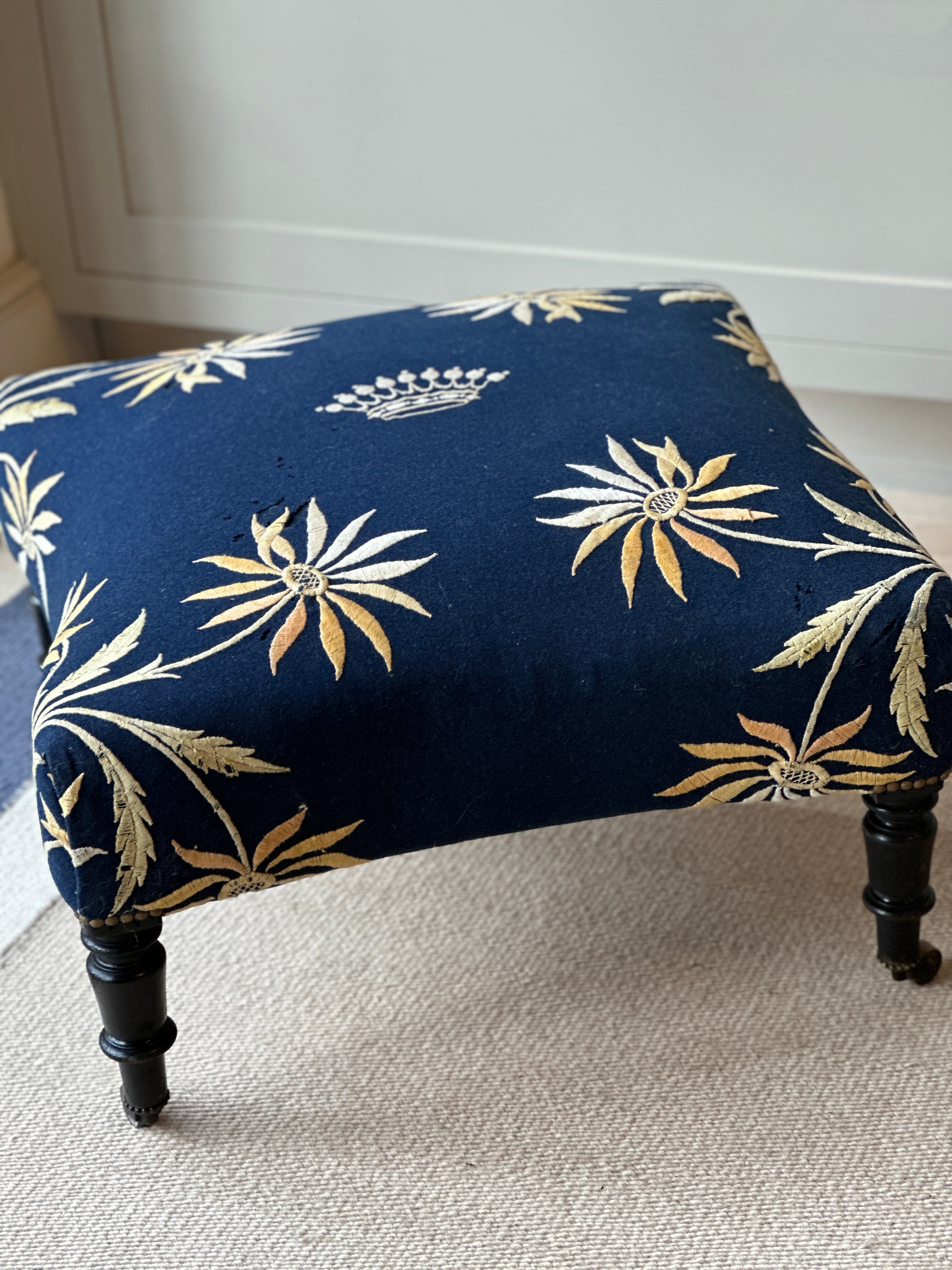 French Ottoman Footstool in navy wool baise